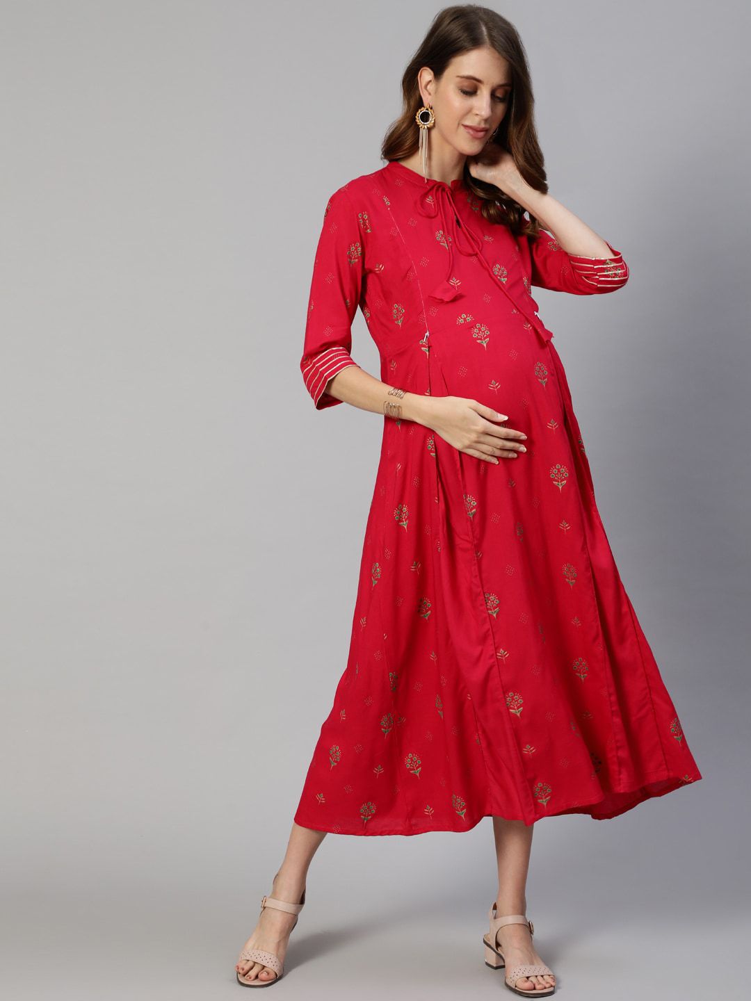 Anubhutee Red Floral Maternity A-Line Midi Dress Price in India