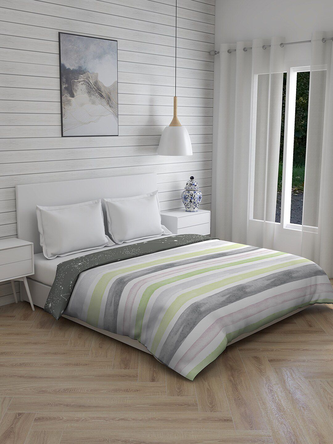 Layers Grey & Green Striped Mild Winter 120 GSM Double Bed Comforter Price in India