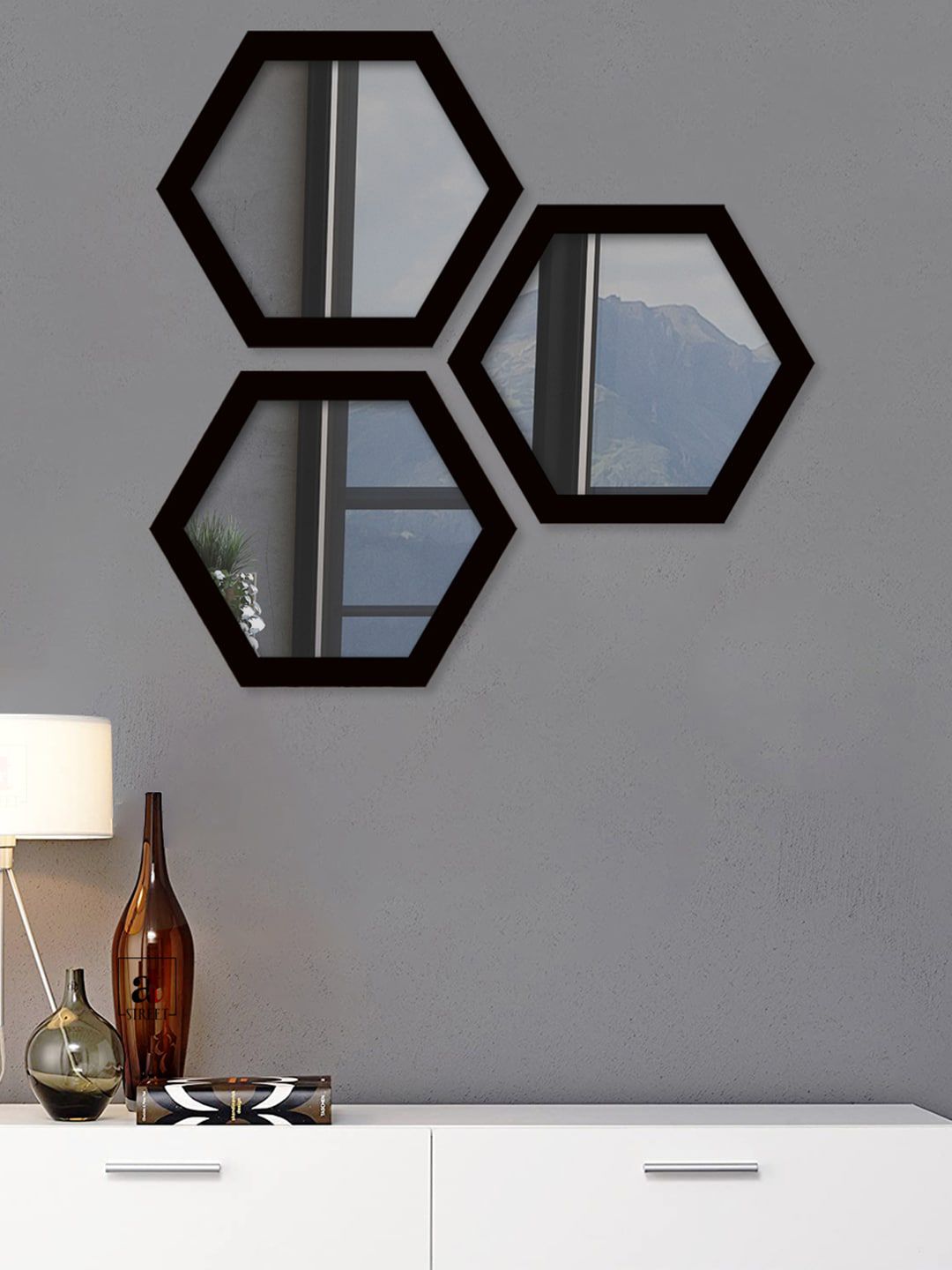 Art Street Set of 3 Black Decorative Hexagon Shape Wall Mirror Price in India