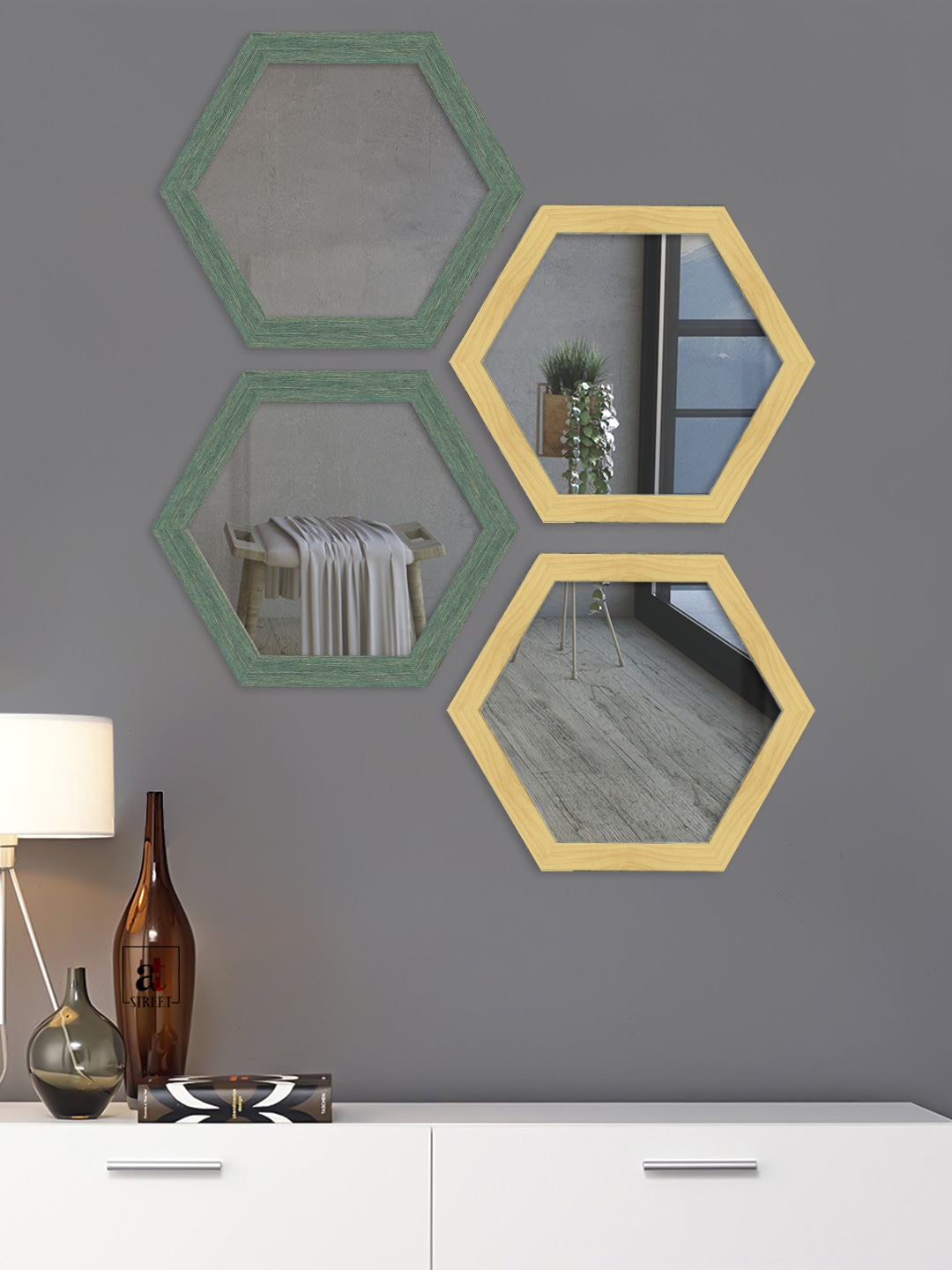 Art Street Set of 4 Green & Brown Hexagon Shaped Decorative Wall Mirror Price in India