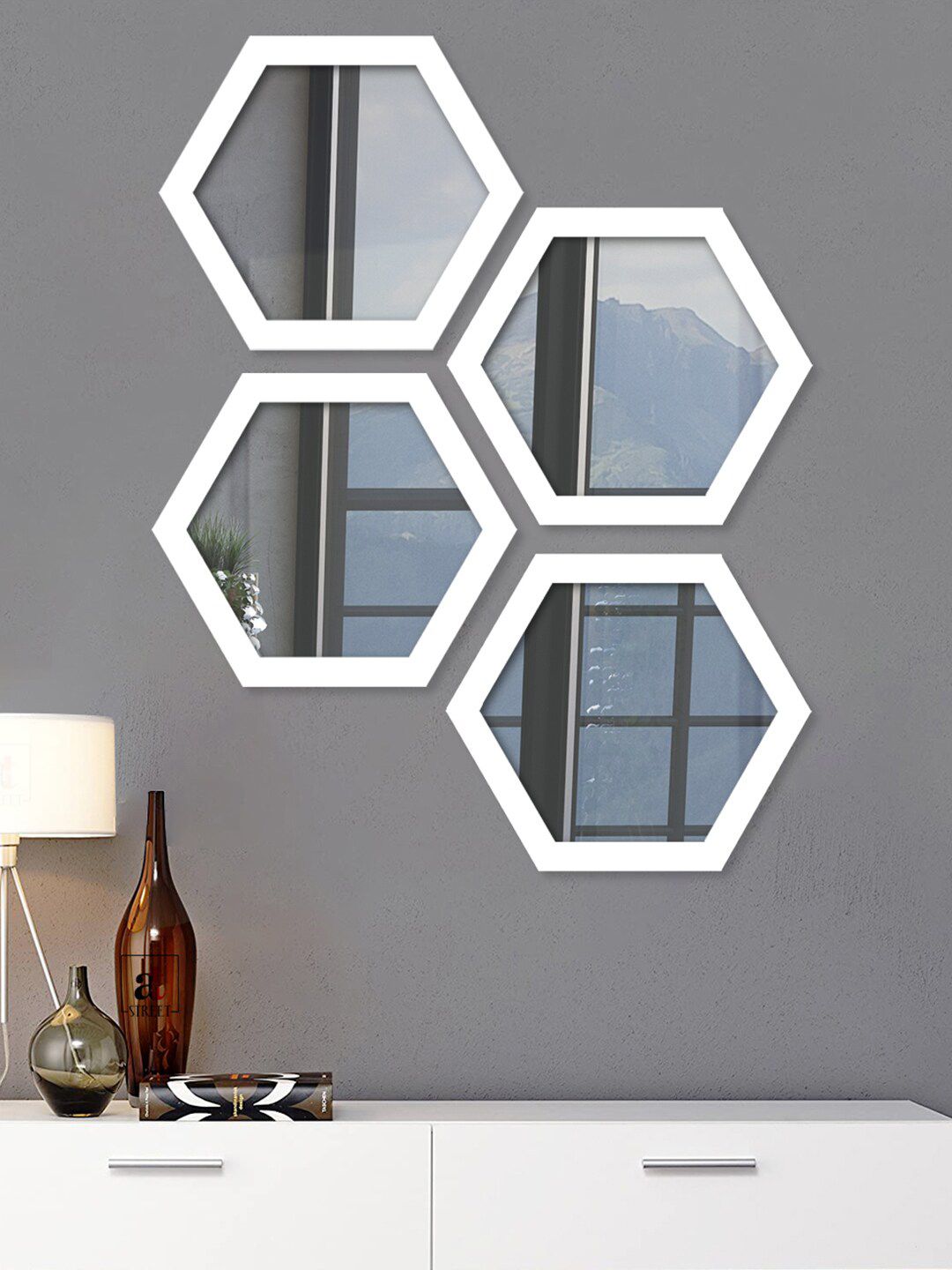 Art Street Set Of 4 White Solid Decorative Hexagon-Shaped Wall Mirrors Price in India