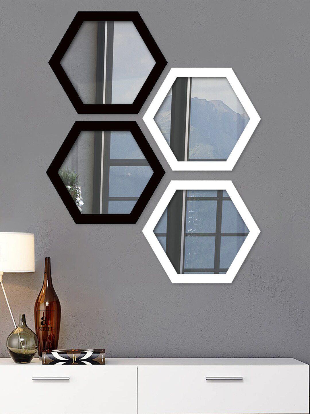 Art Street Set of 4 Black & White Decorative Hexagon Shape Wall Mirror for Living Room Price in India