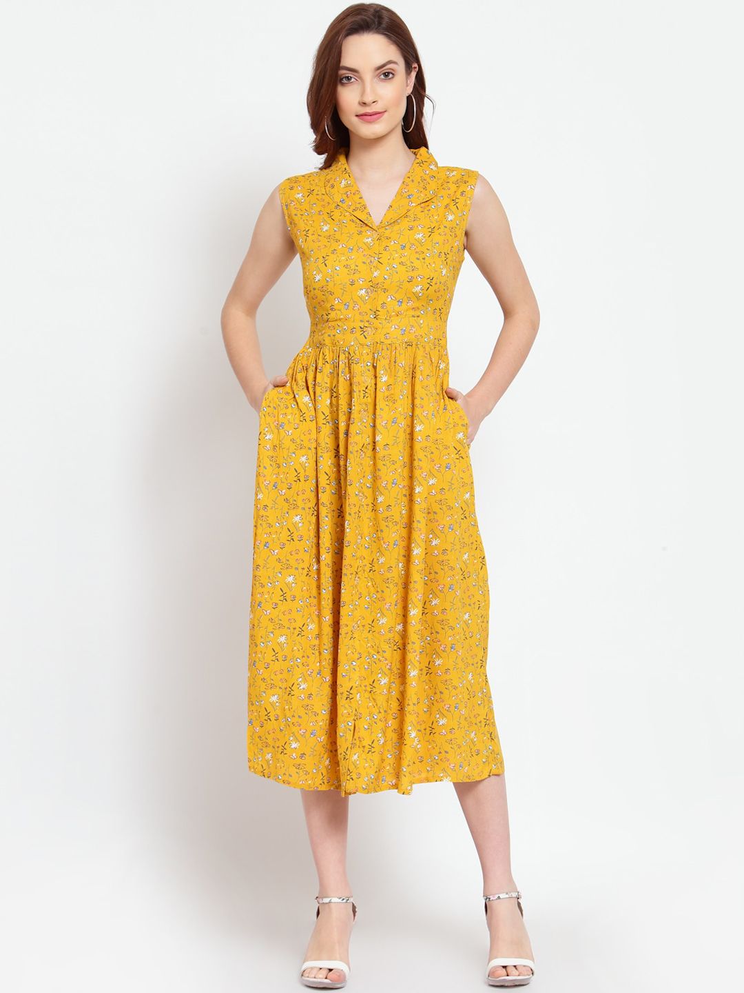 Myshka Mustard Yellow Floral Midi Dress Price in India