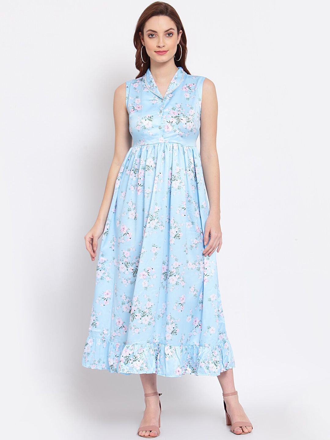 Myshka Blue Floral Printed Cotton Blend Midi Dress Price in India