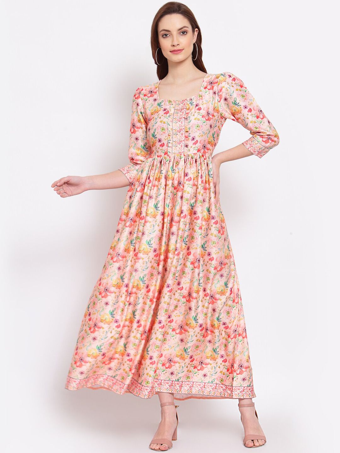 Myshka Peach-Coloured & Yellow Floral Maxi Dress Price in India