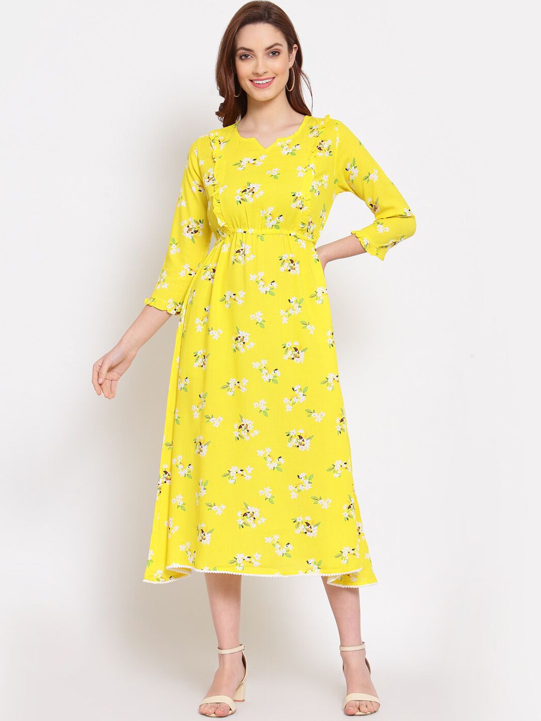 Myshka Yellow & White Floral Printed Fit & Flared Midi Dress Price in India