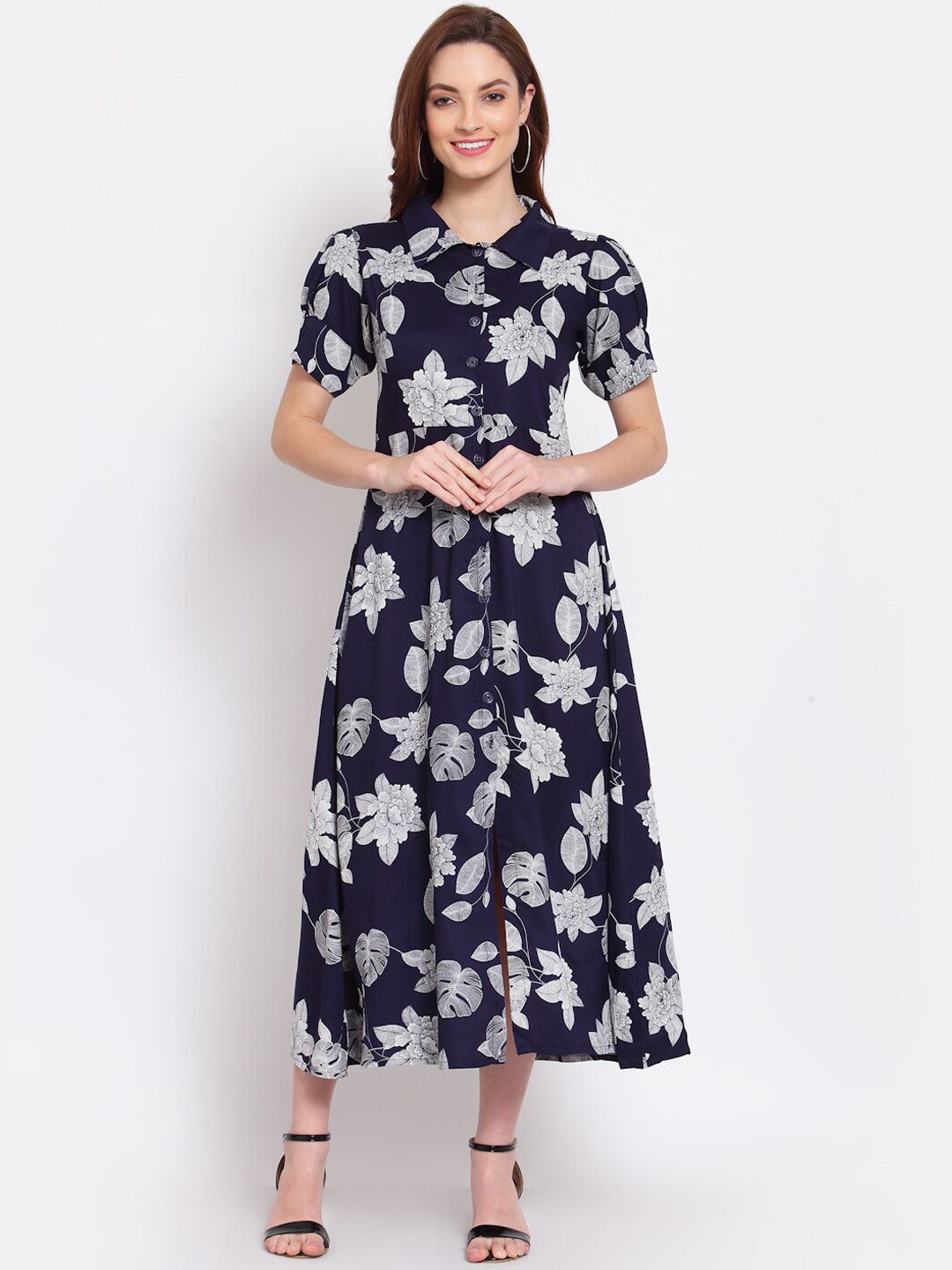 Myshka Navy Blue Floral Cowl Neck Midi Dress Price in India