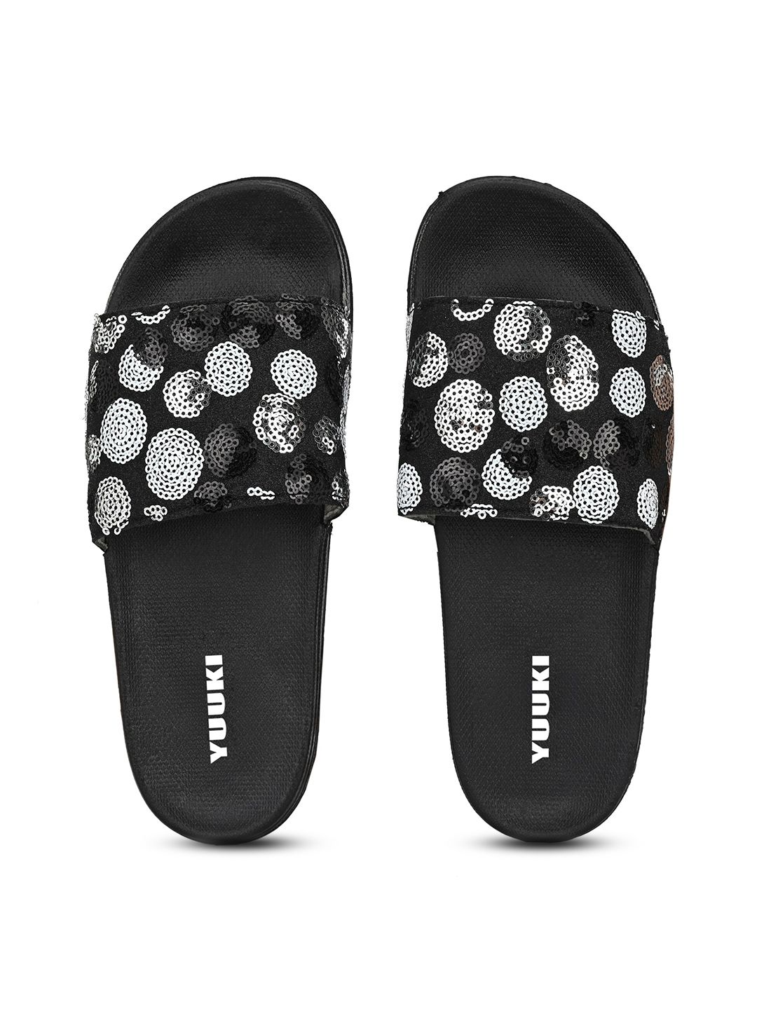 Yuuki Women Black & Silver-Toned Embellished Sliders Price in India