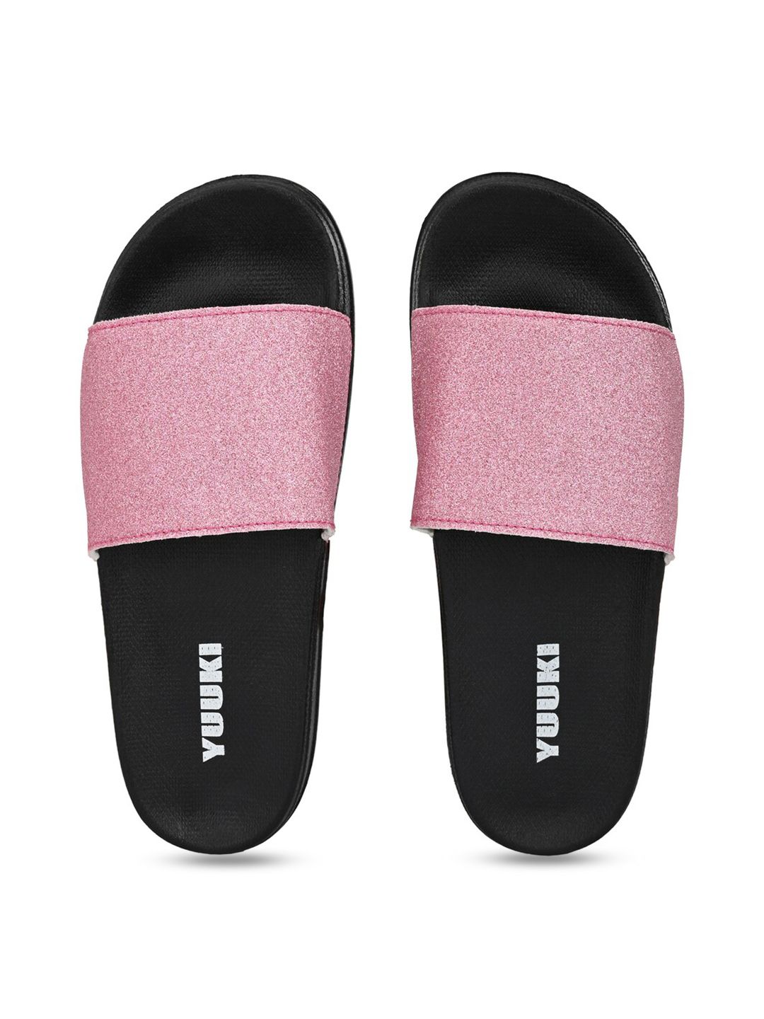 Yuuki Women Pink & Black Embellished Sliders Price in India