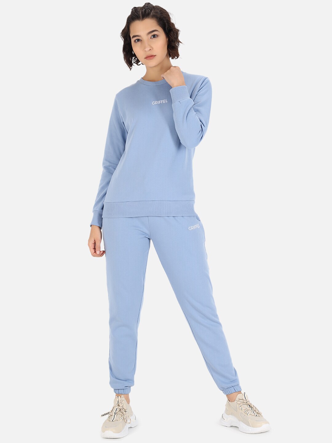 GRIFFEL Women Blue Solid Cotton Tracksuit Price in India