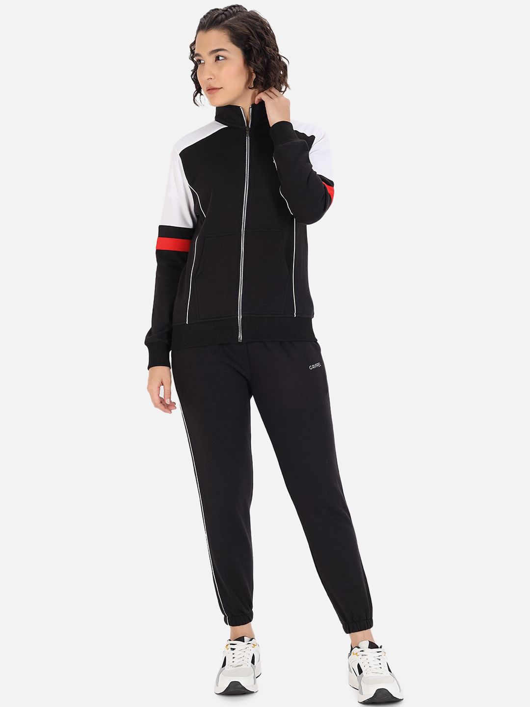 GRIFFEL Women Black & Red Colourblocked Cotton Tracksuit Price in India