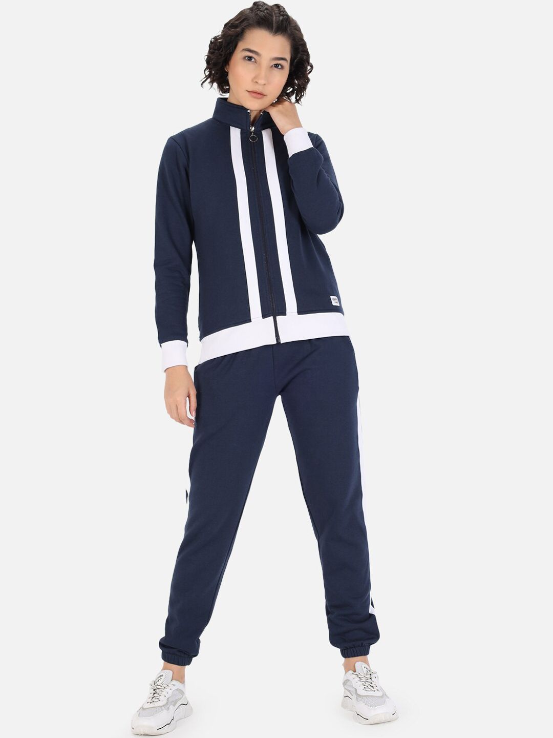 GRIFFEL Women Navy Blue & White Colourblocked Cotton Tracksuit Price in India