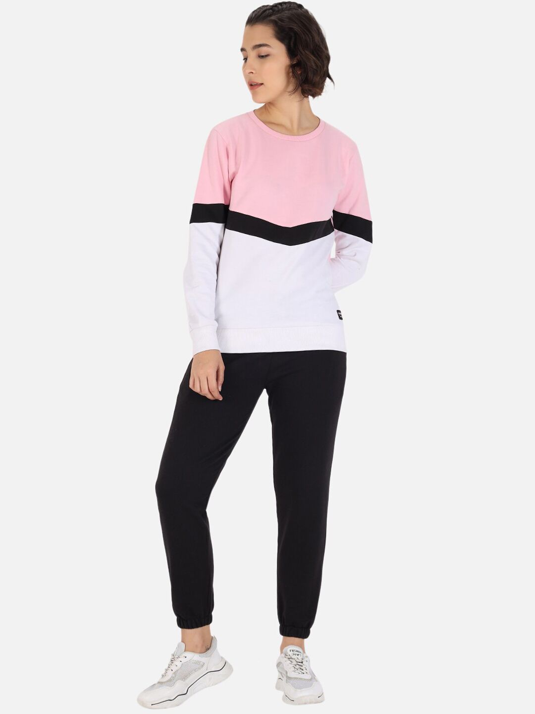 GRIFFEL Women Pink & White Colourblocked Tracksuit Price in India
