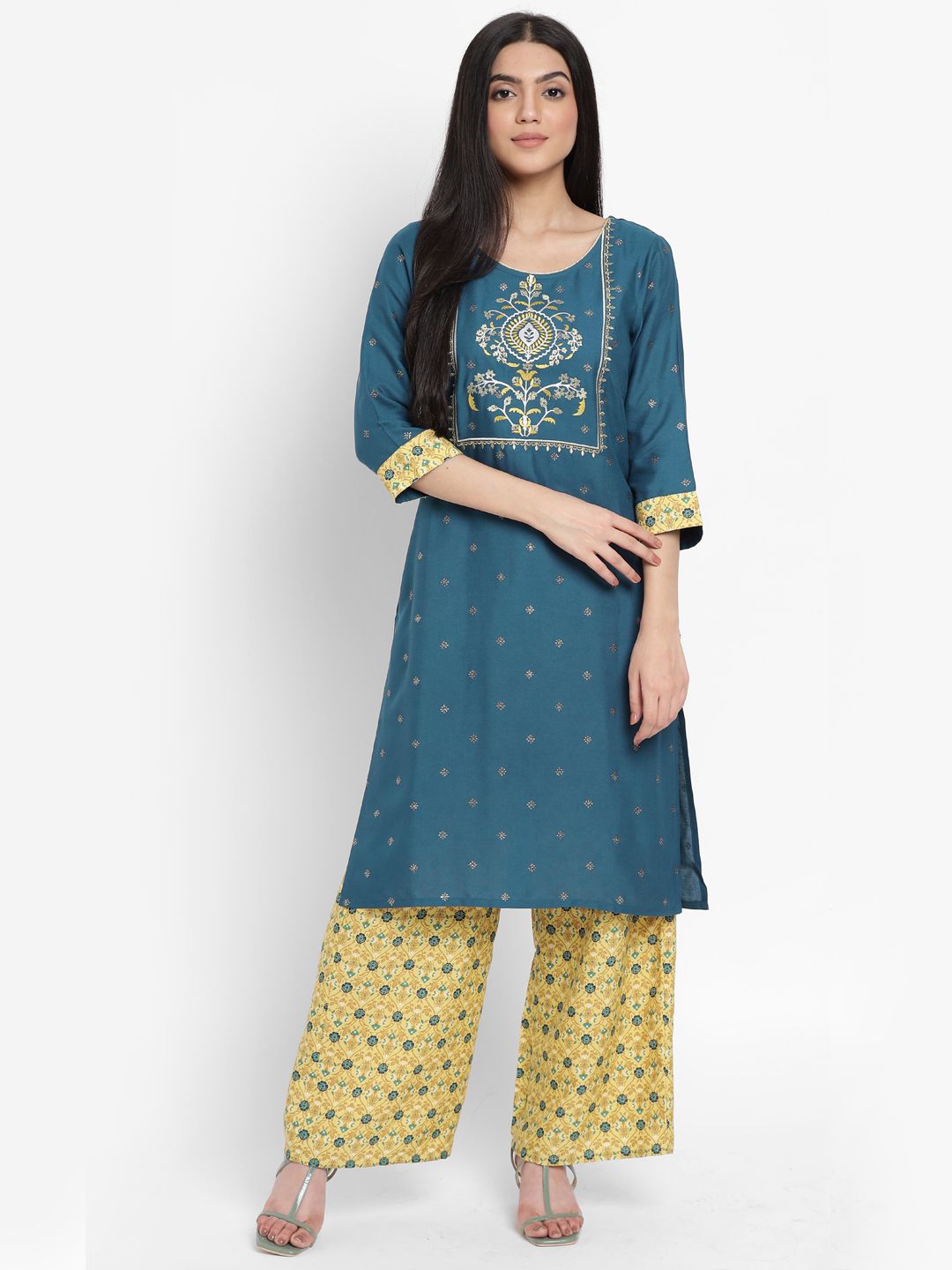 AURELIA - The Aure Collection Women Teal Blue & Yellow Ethnic Motifs Embroidered Kurta with Palazzos Price in India