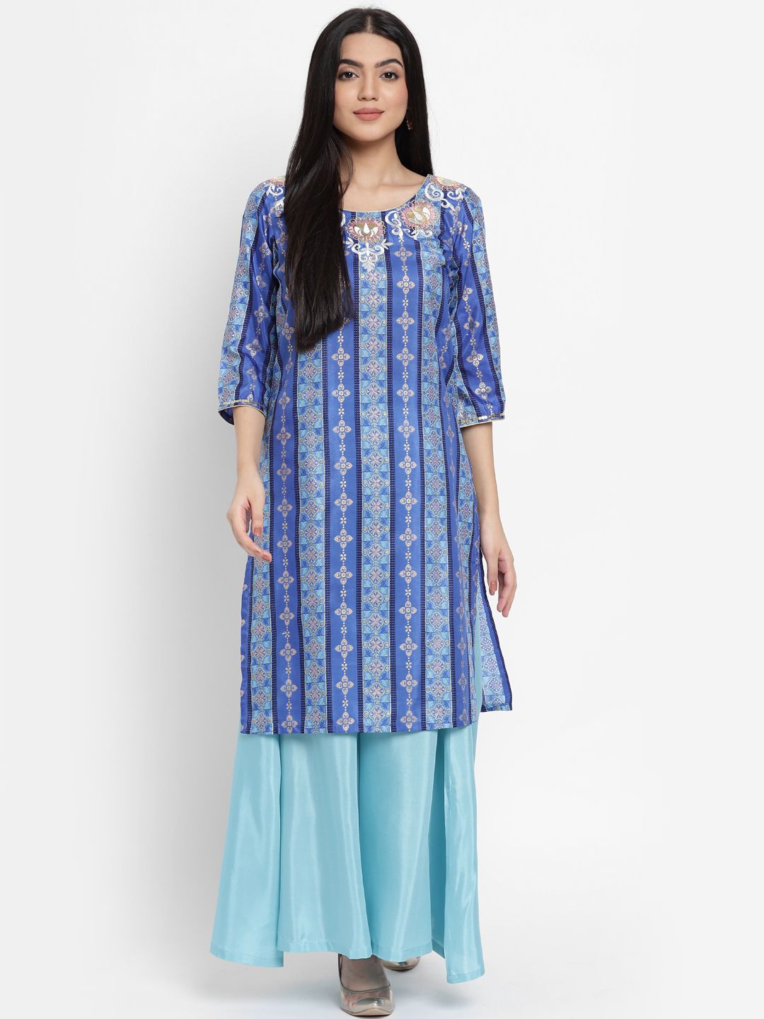 AURELIA - The Aure Collection Women Blue & Pink Ethnic Motifs Printed Regular Kurta with Palazzos Price in India