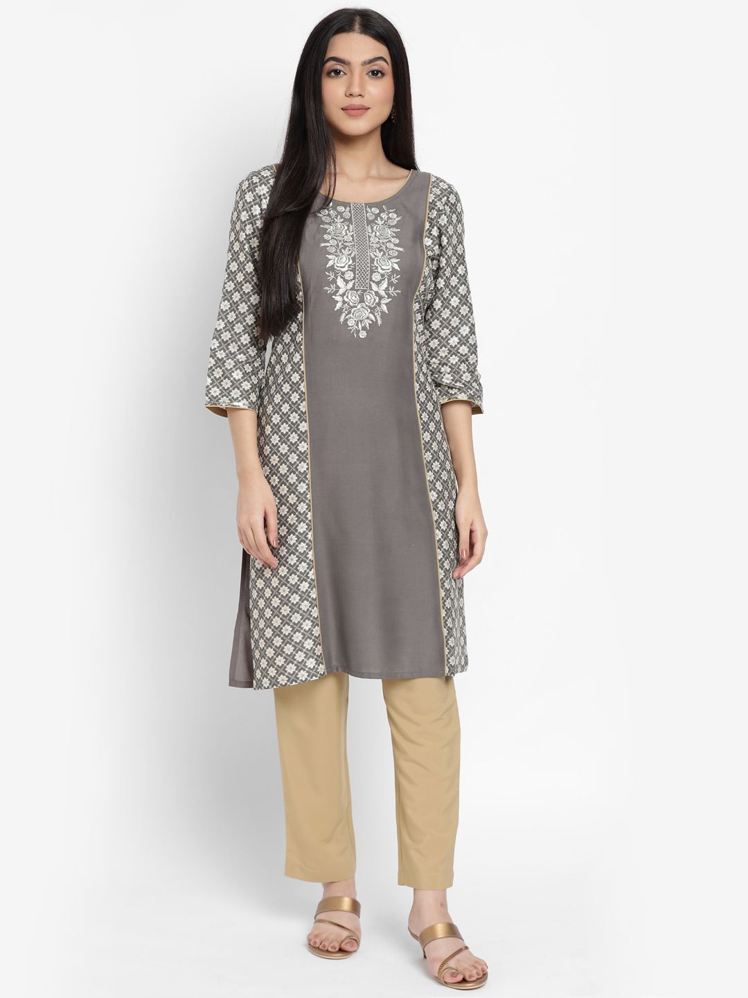 AURELIA - The Aure Collection Women Grey & Silver Ethnic Motifs Mughal Print Kurta with Trousers Price in India