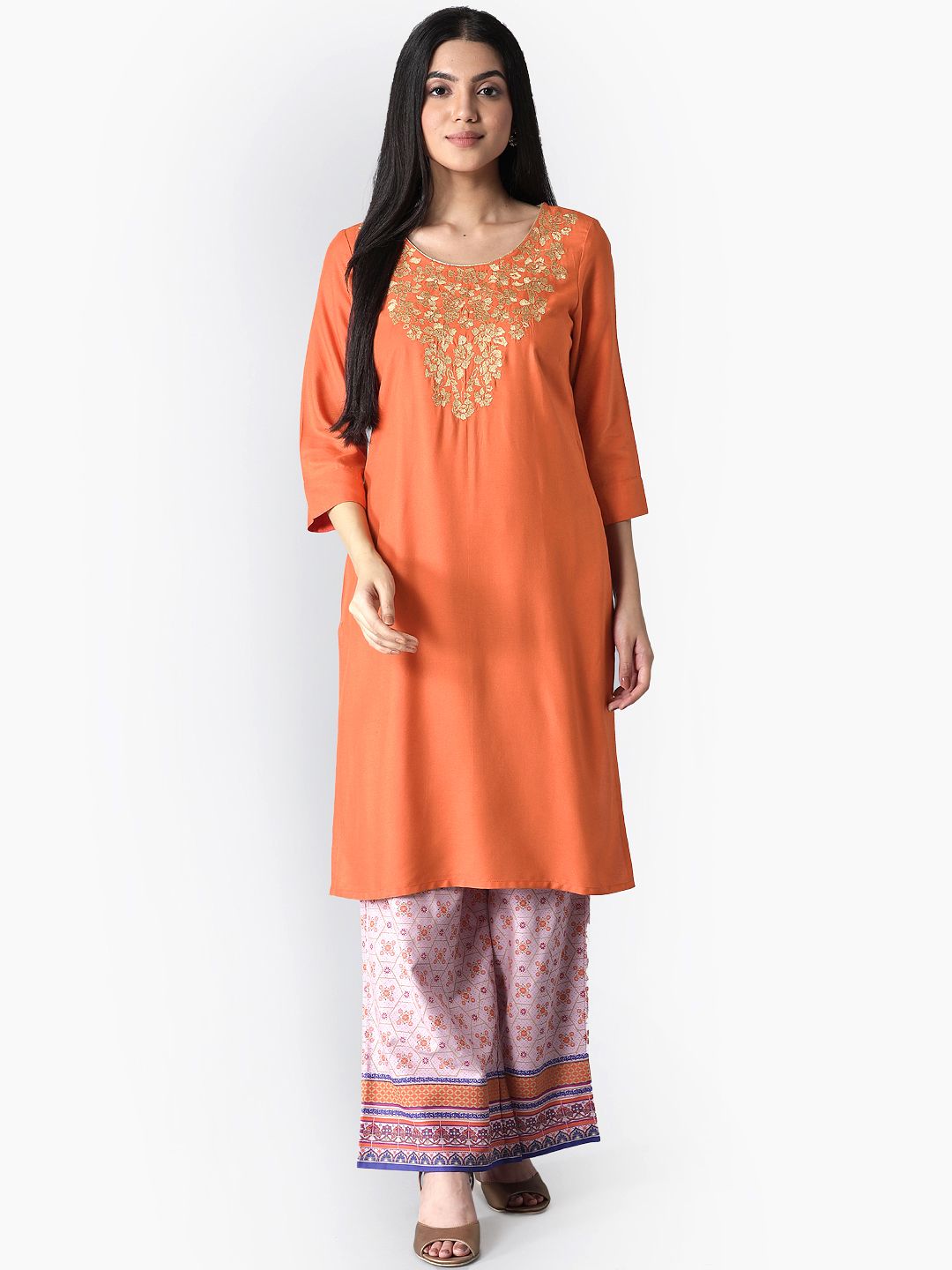 AURELIA - The Aure Collection Women Orange & Purple Ethnic Motifs Embroidered Regular Kurta with Palazzos Price in India