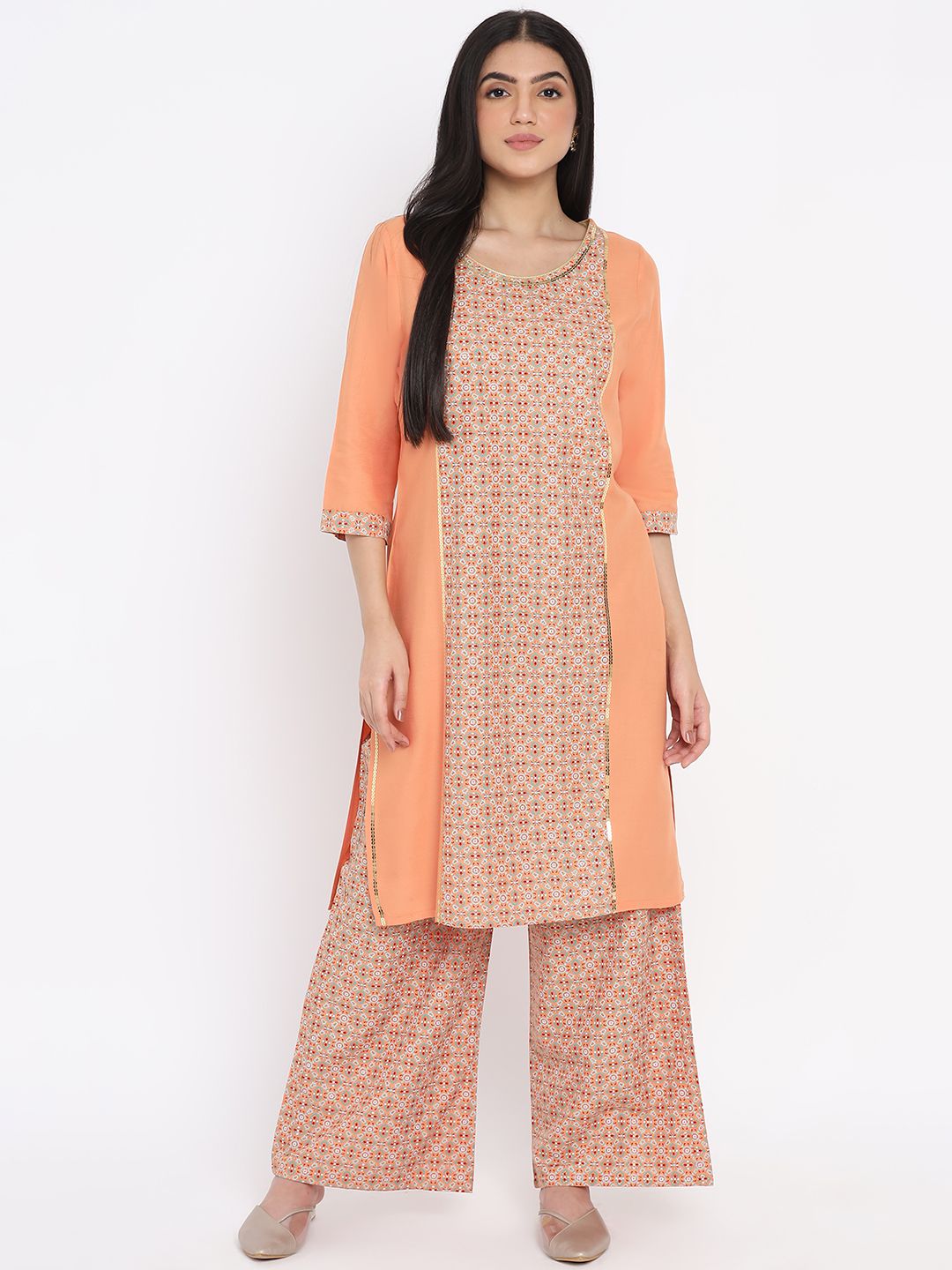 AURELIA - The Aure Collection Women Peach-Coloured & Green Ethnic Motifs Print Sequinned Kurta with Palazzos Price in India