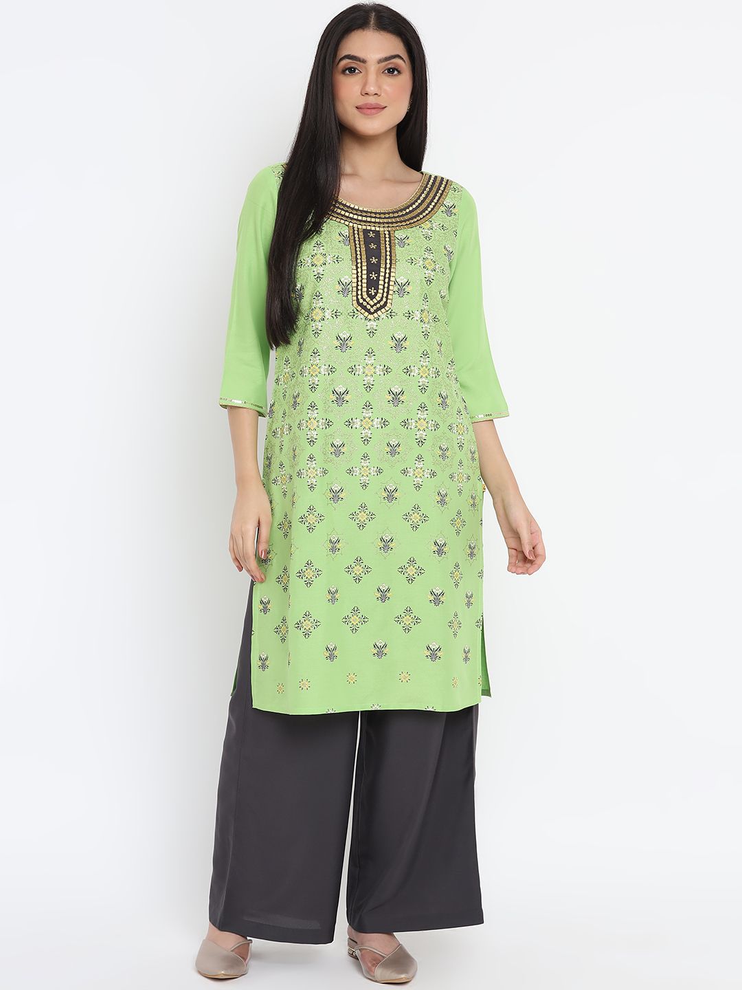 AURELIA - The Aure Collection Women Green Ethnic Motifs Printed Regular Kurta with Palazzos Price in India