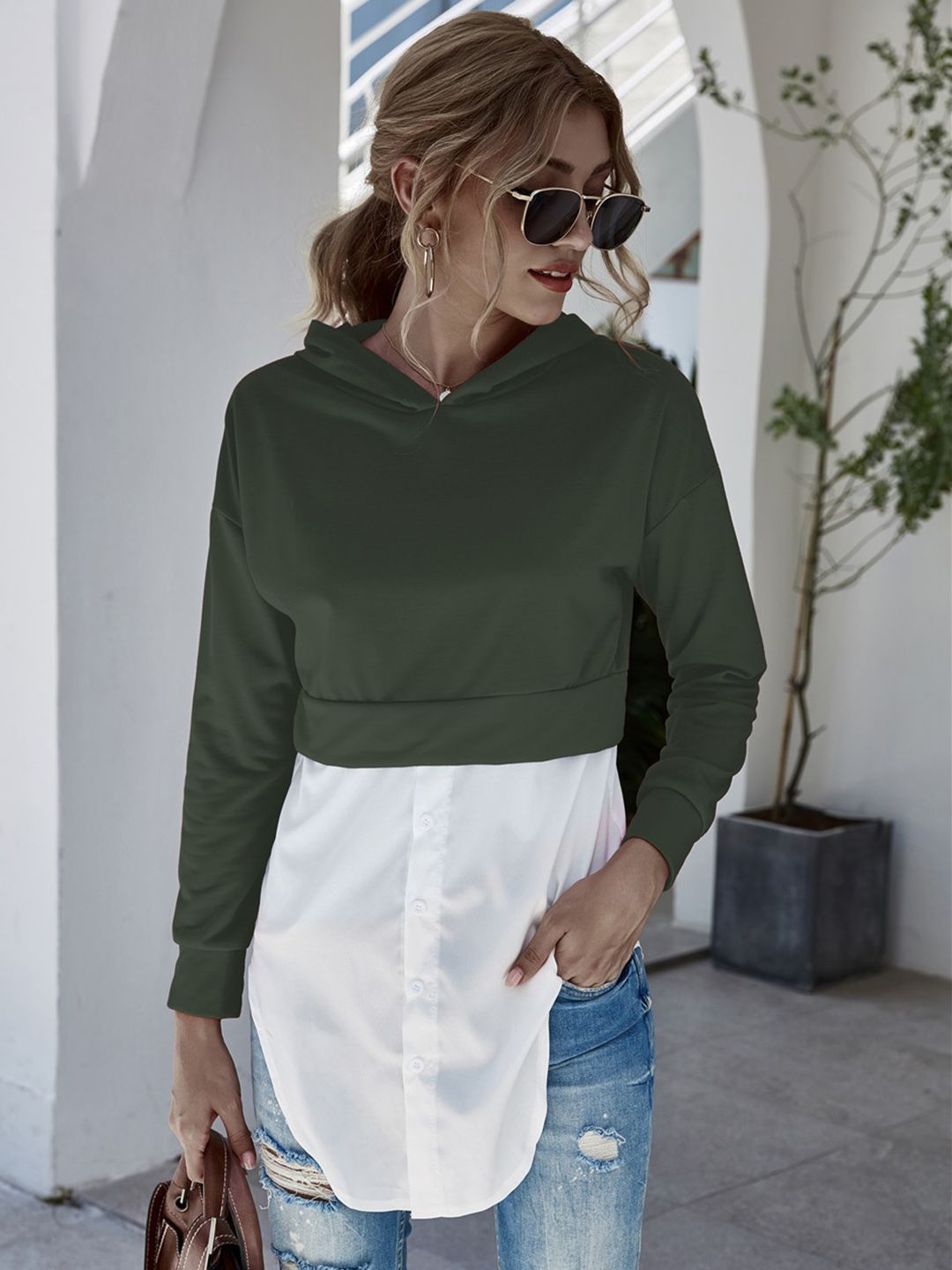 URBANIC Women Olive Green Hooded Pullover Sweatshirt Price in India