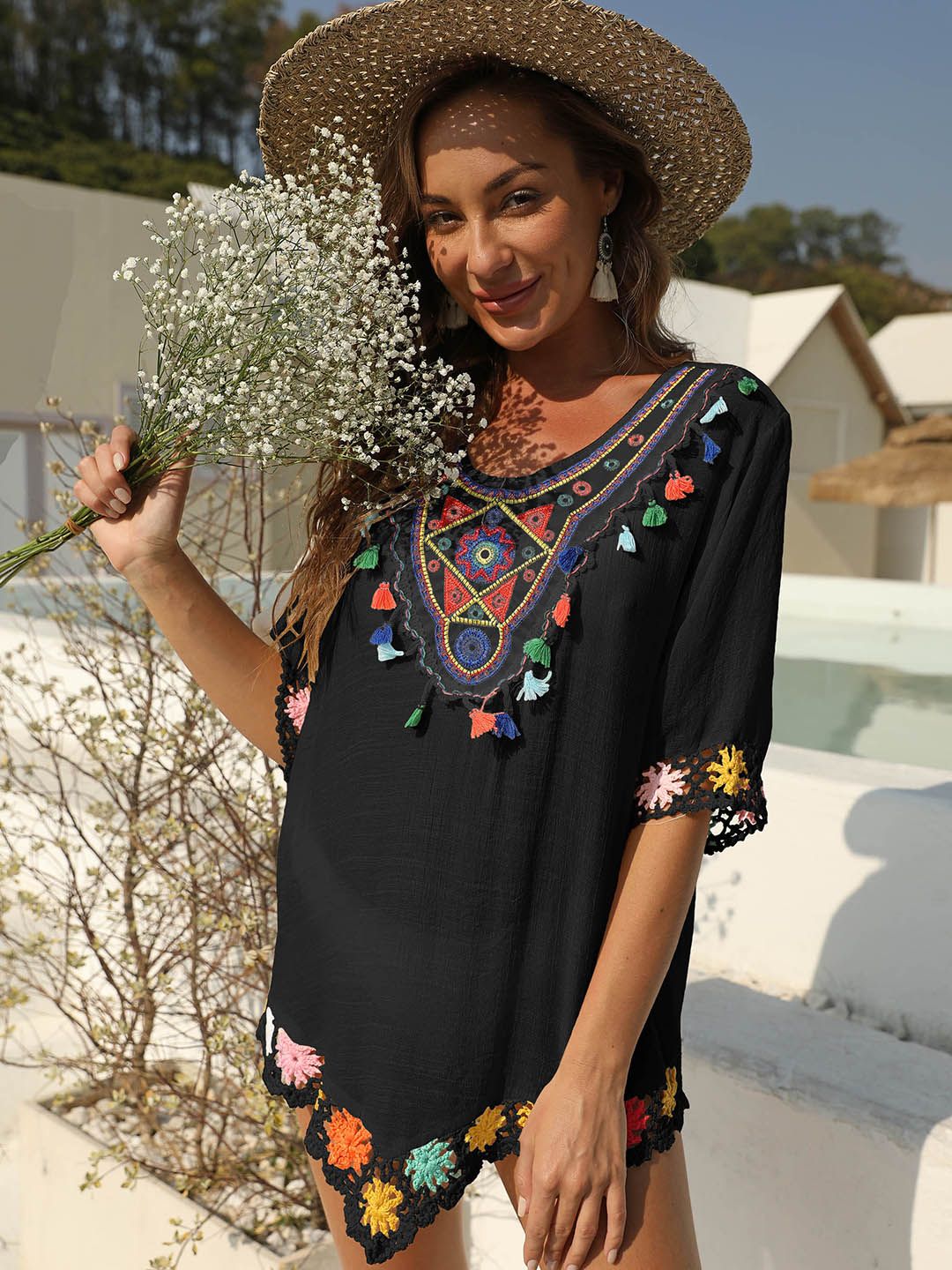 URBANIC Black & Blue Yoke Embroidered Tasselled & Crochet Detail A-Line Swim Cover-Up Top Price in India