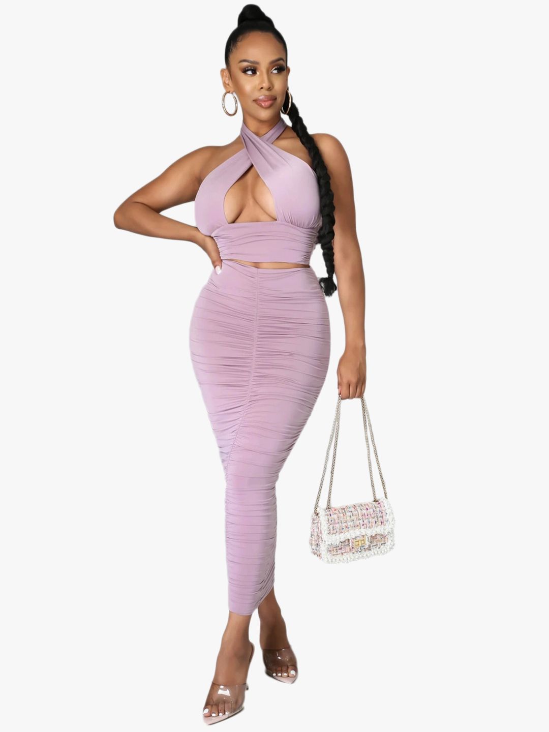 URBANIC Lavender Solid Halter Neck Top with Ruched Maxi Skirt