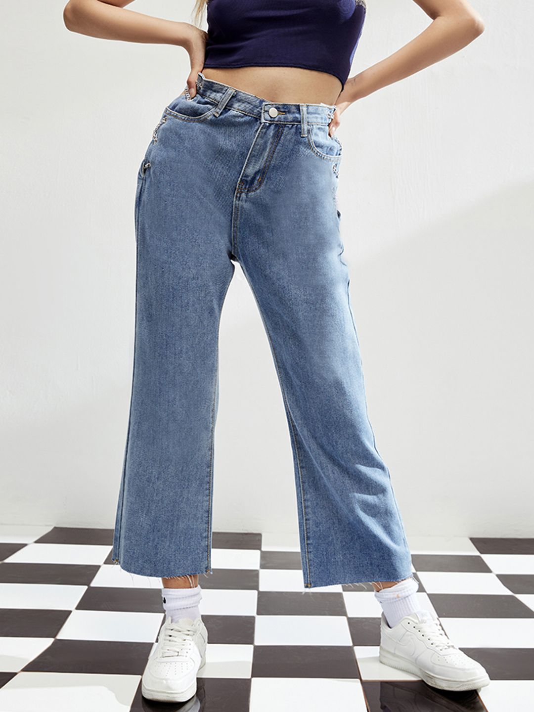 URBANIC Women Blue Cotton Wide Leg High-Rise Cropped Jeans Price in India
