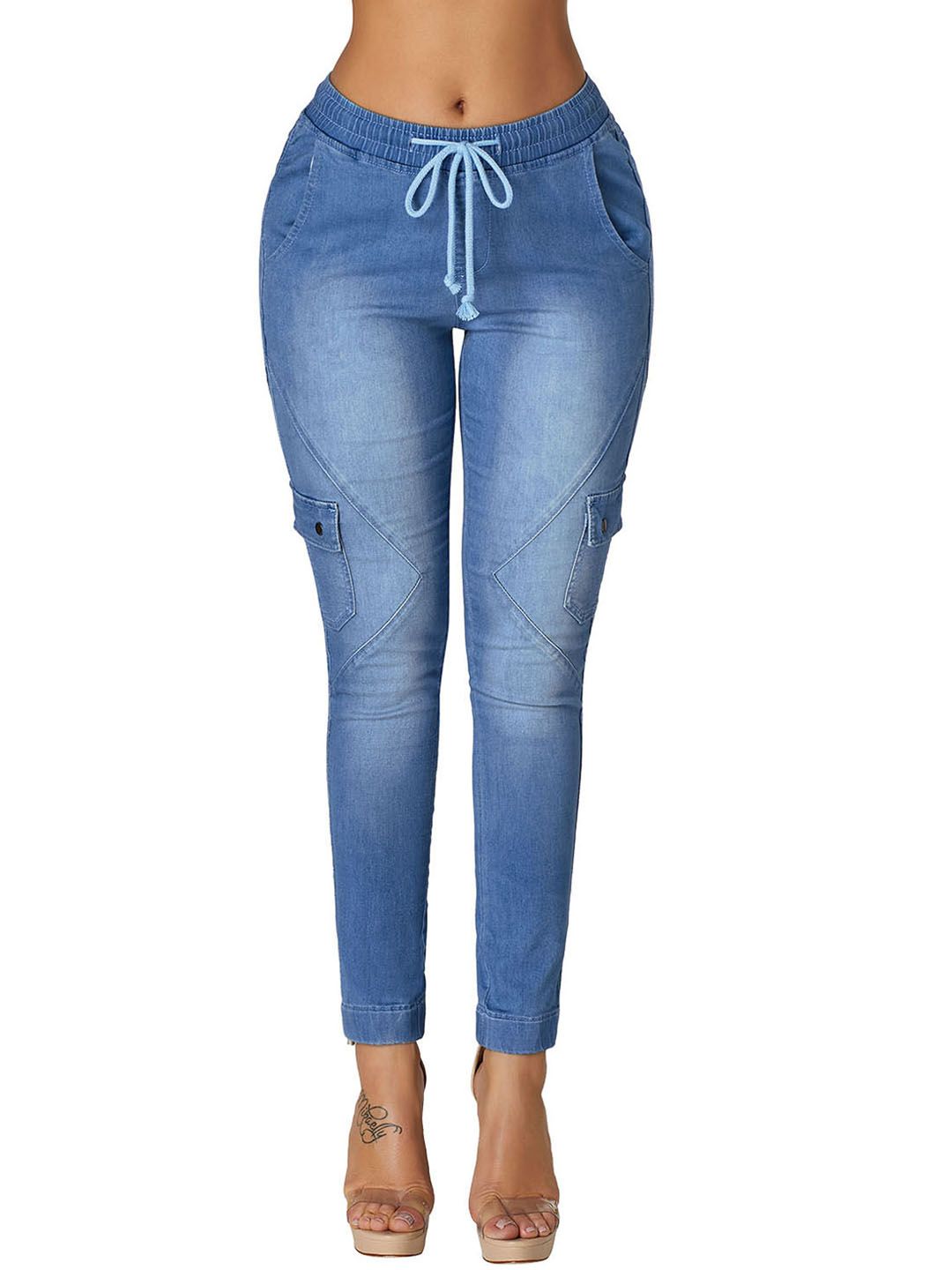 URBANIC Women Blue Faded Slim Fit Cotton Cropped Denim Cargos Price in India