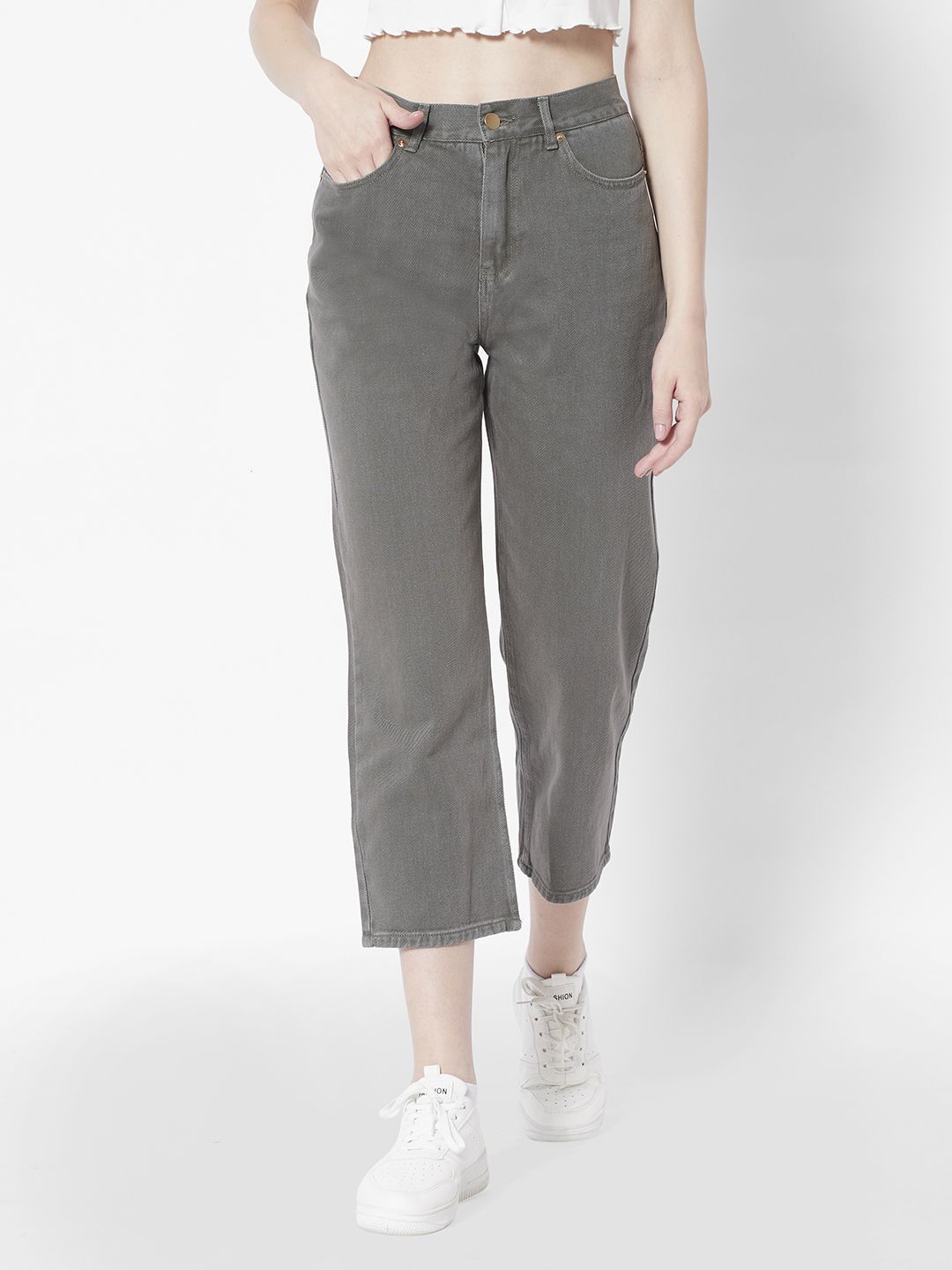 URBANIC Women Charcoal Grey Cotton Straight Fit Stretchable Jeans