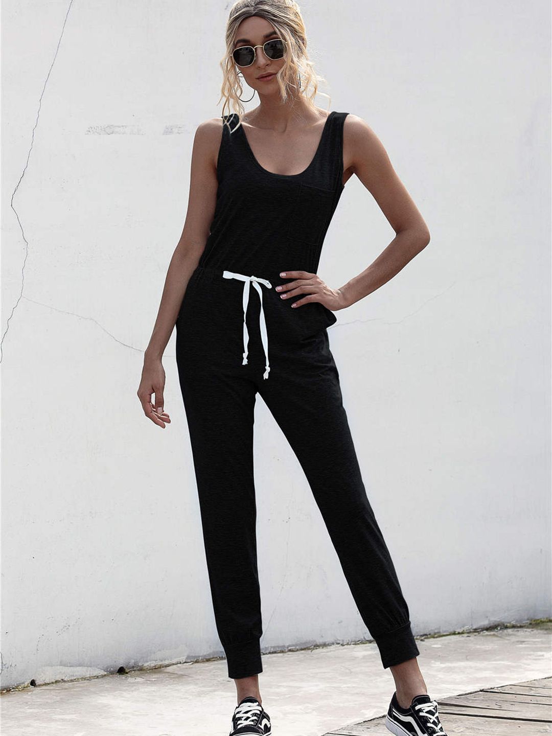 URBANIC Women Black Solid Cropped Basic Jumpsuit with Tie-Up Detail Price in India