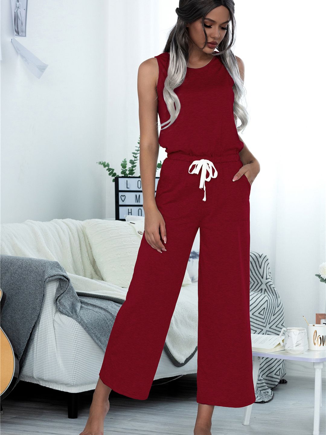 URBANIC Women Maroon Solid Crop Basic Jumpsuit Price in India