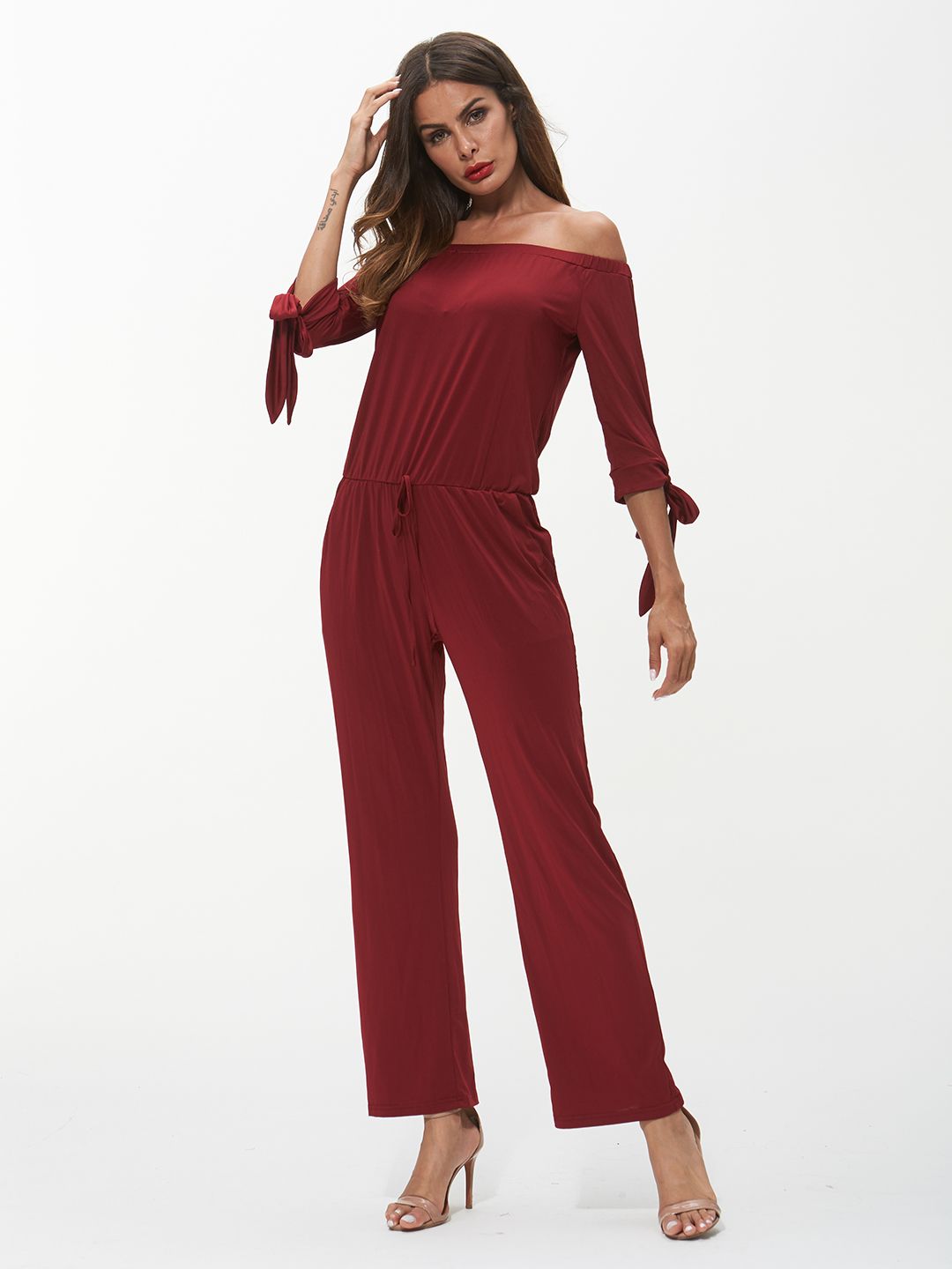 URBANIC Women Burgundy Off-Shoulder Basic Jumpsuit Price in India