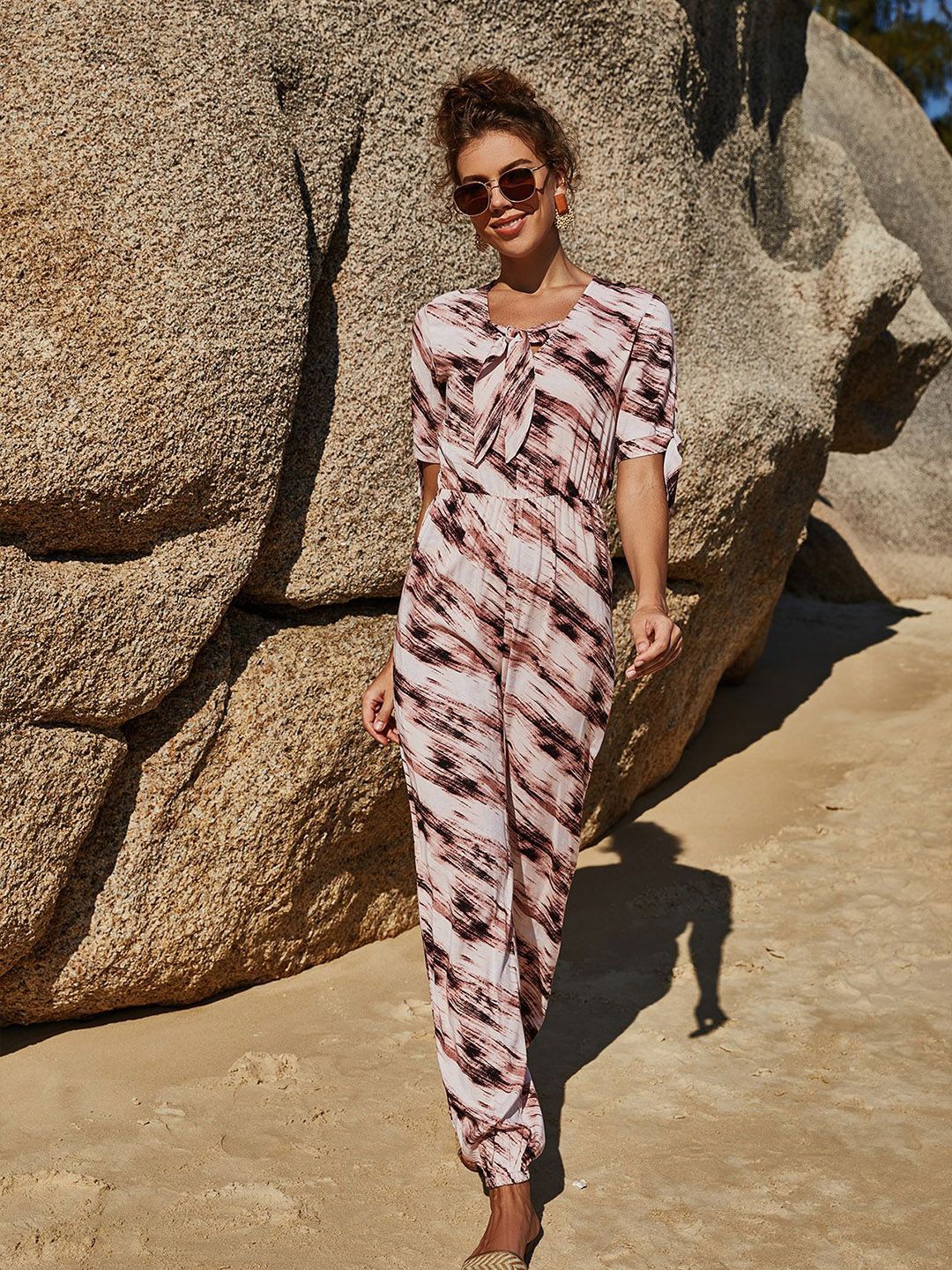 URBANIC Coffee Brown & White Printed Basic Jumpsuit Price in India