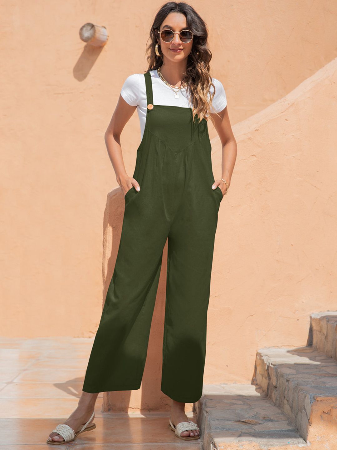 URBANIC Olive Green Pure Cotton Solid Basic Jumpsuit Price in India