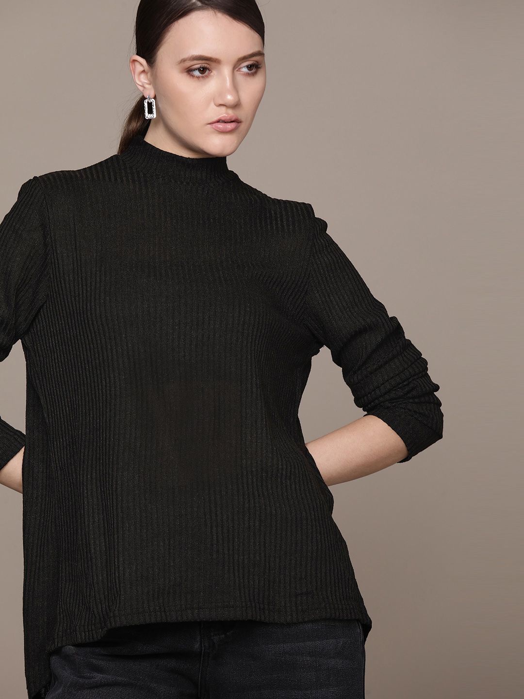 URBANIC Women Black Solid Styled Back Pullover Price in India