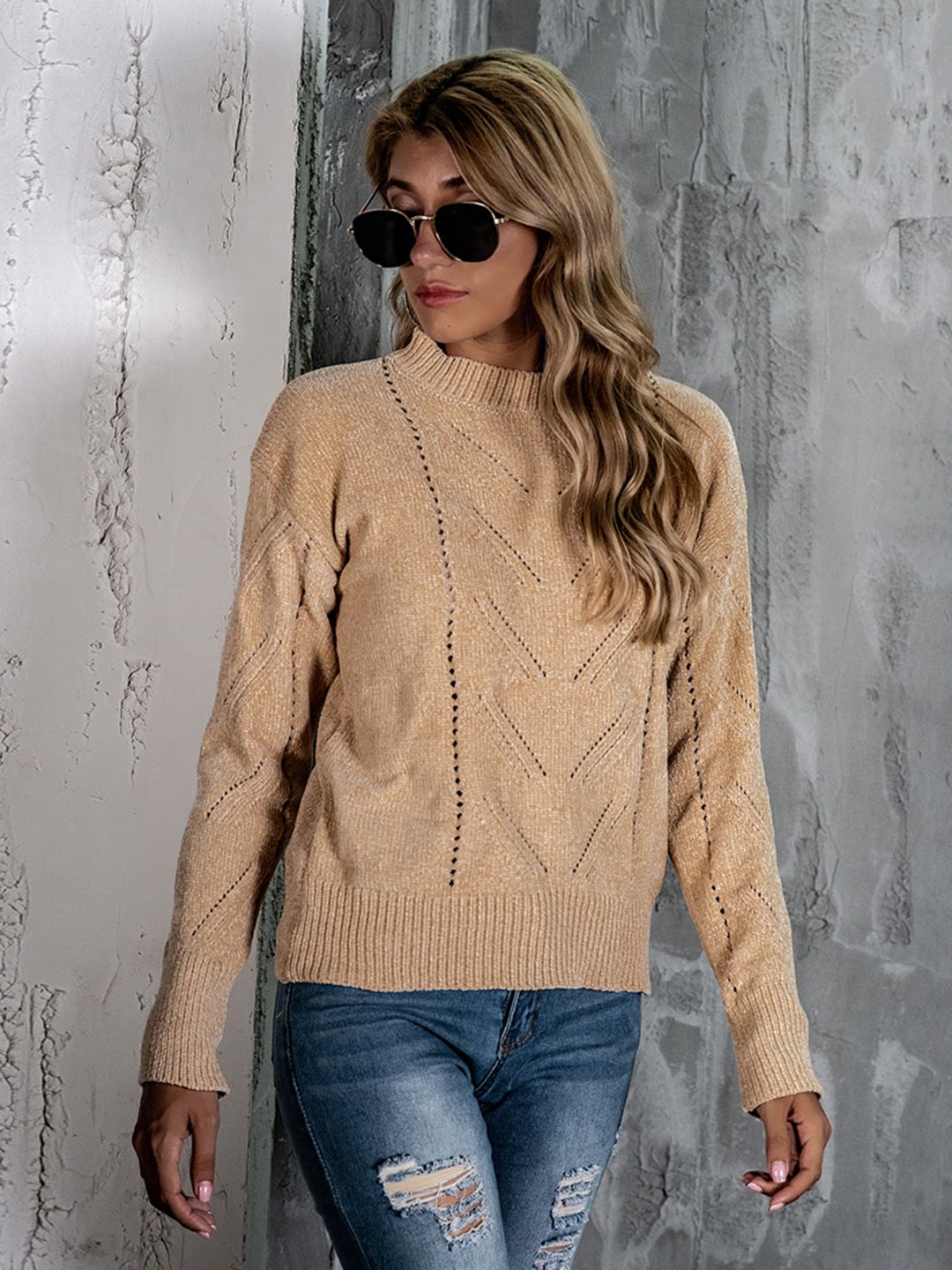 URBANIC Women Beige Open Knit Pullover Price in India