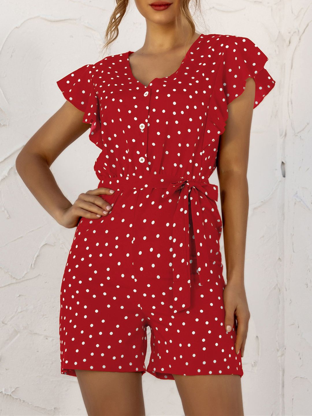 URBANIC Red & White Polka Dots Printed Playsuit with Belt Price in India