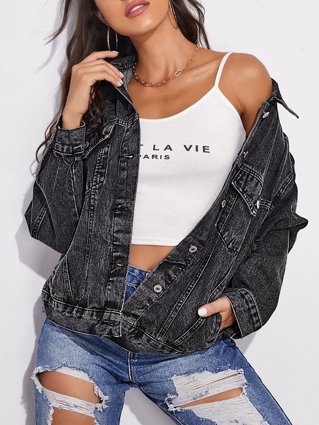 URBANIC Women Black Cotton Washed Denim Jacket Price in India