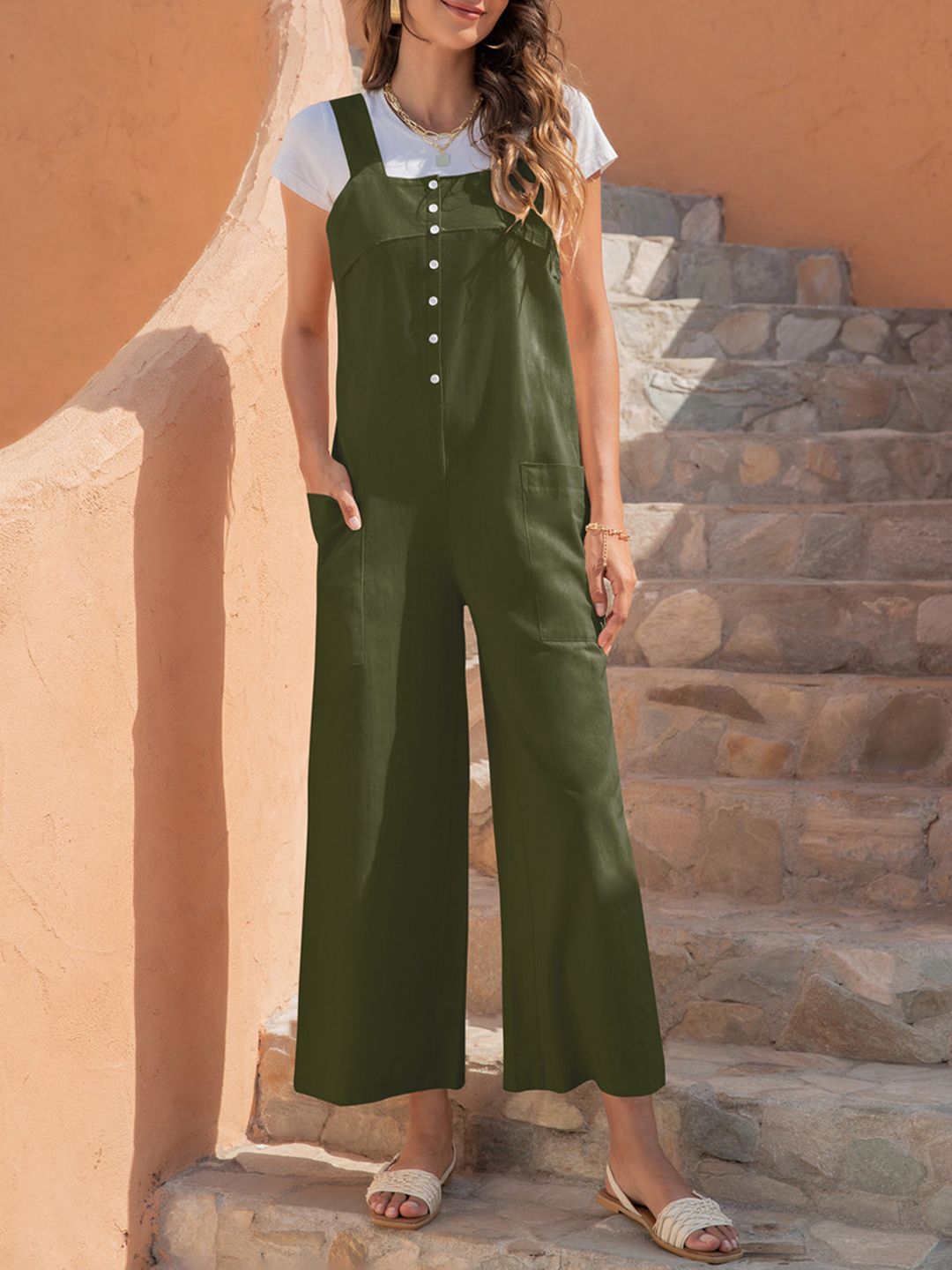 URBANIC Women Olive Green Cotton Solid Culotte Jumpsuit Price in India