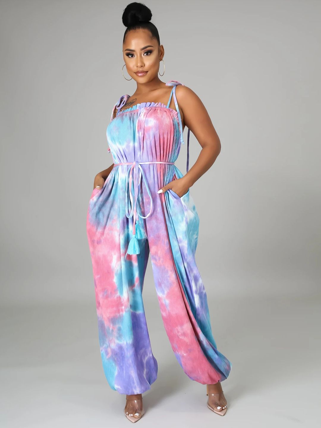 URBANIC Pink & Blue Printed Basic Jumpsuit with Ruffles Price in India