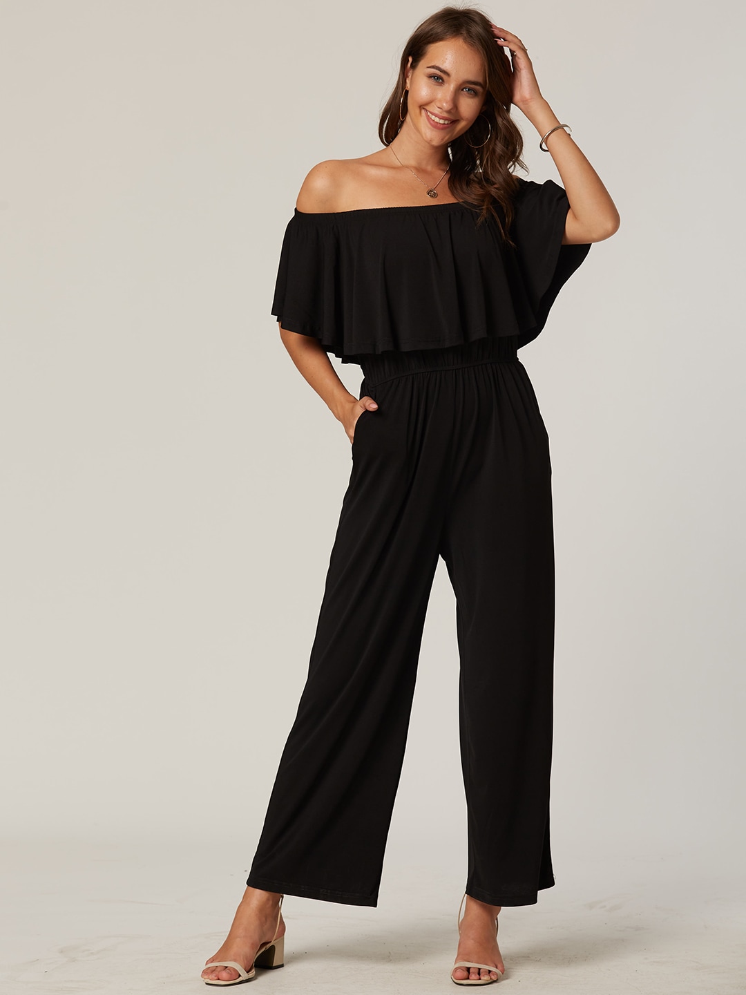 URBANIC Women Black Solid Off-Shoulder Layered Ankle-Length Basic Jumpsuit Price in India