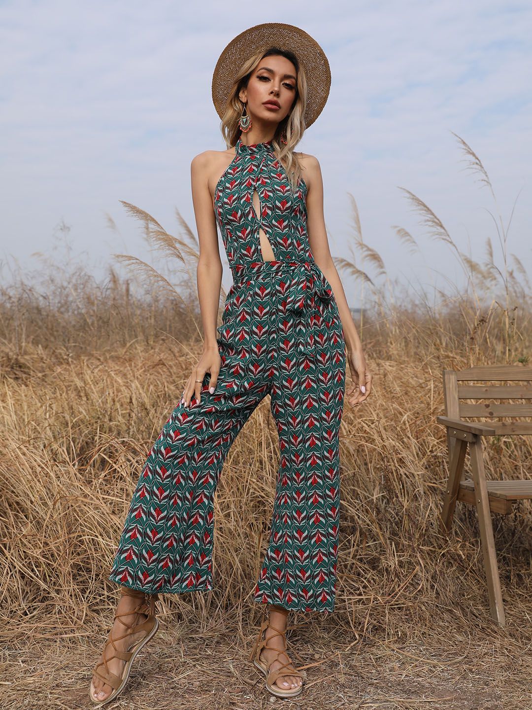 URBANIC Green & Red Halter Neck Printed Cut-Out Jumpsuit Price in India