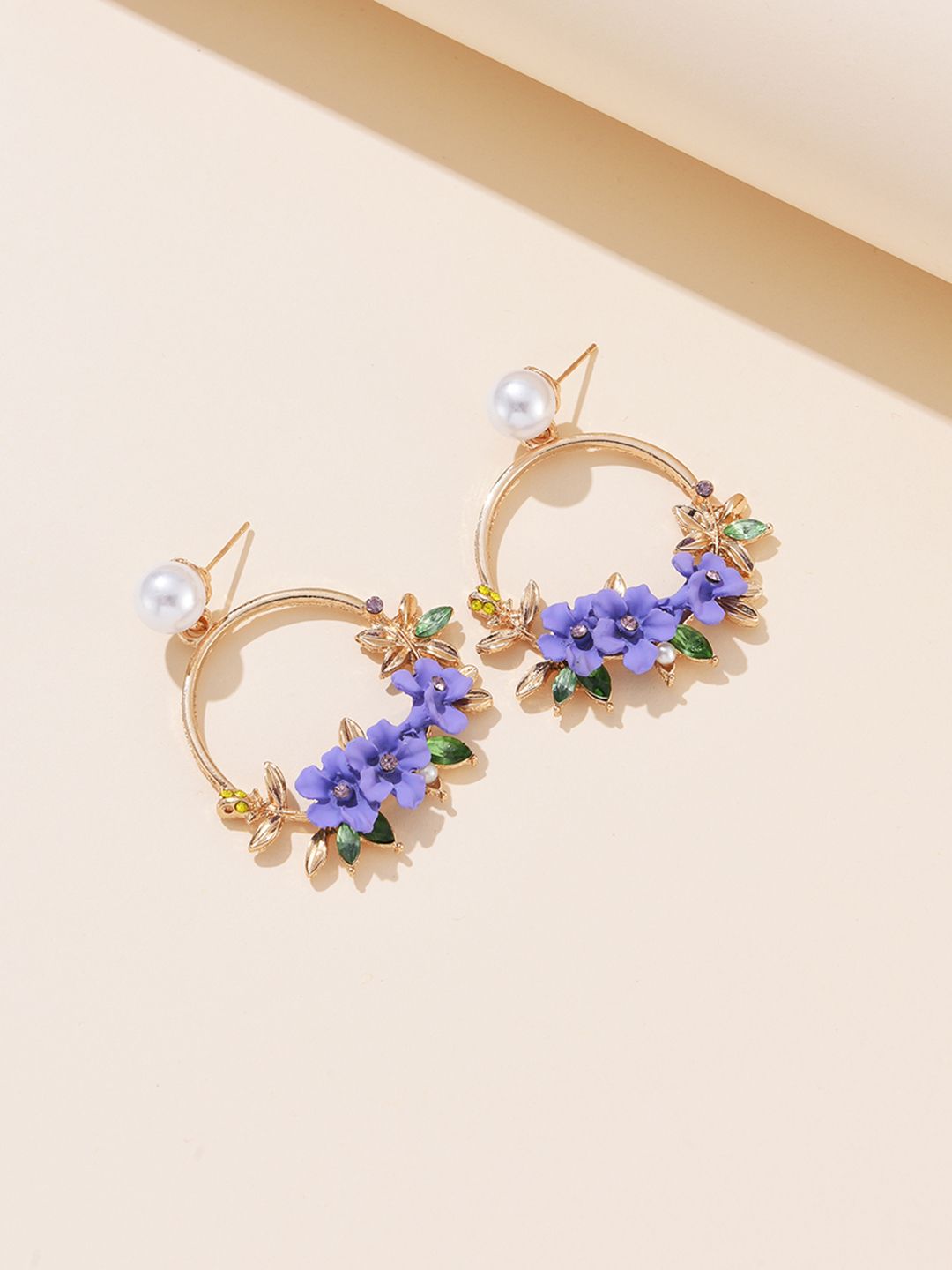 URBANIC Gold-Toned & Purple Floral Drop Earrings Price in India