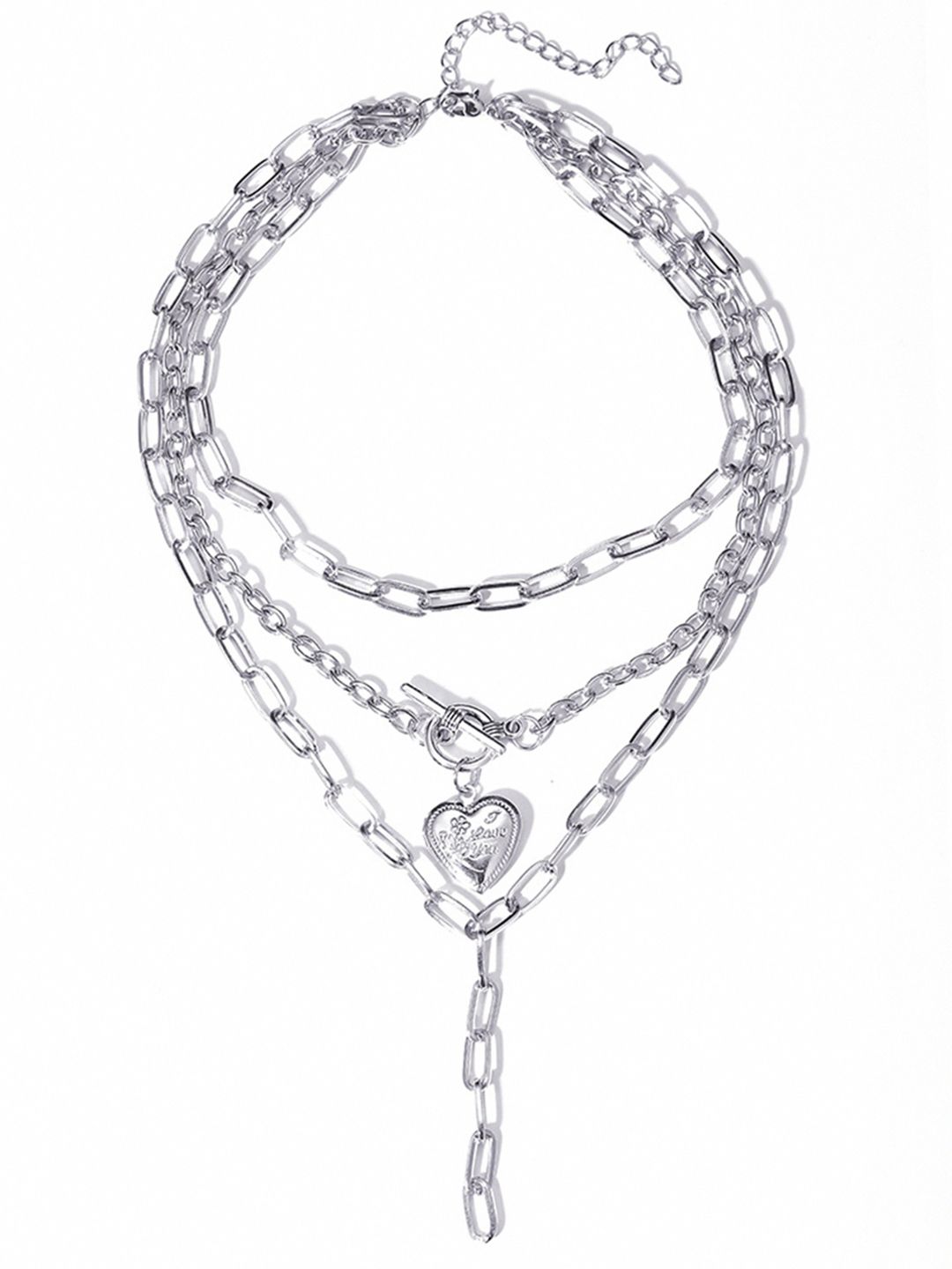 URBANIC Silver-Toned Heart Textured Layered Link Necklace Price in India