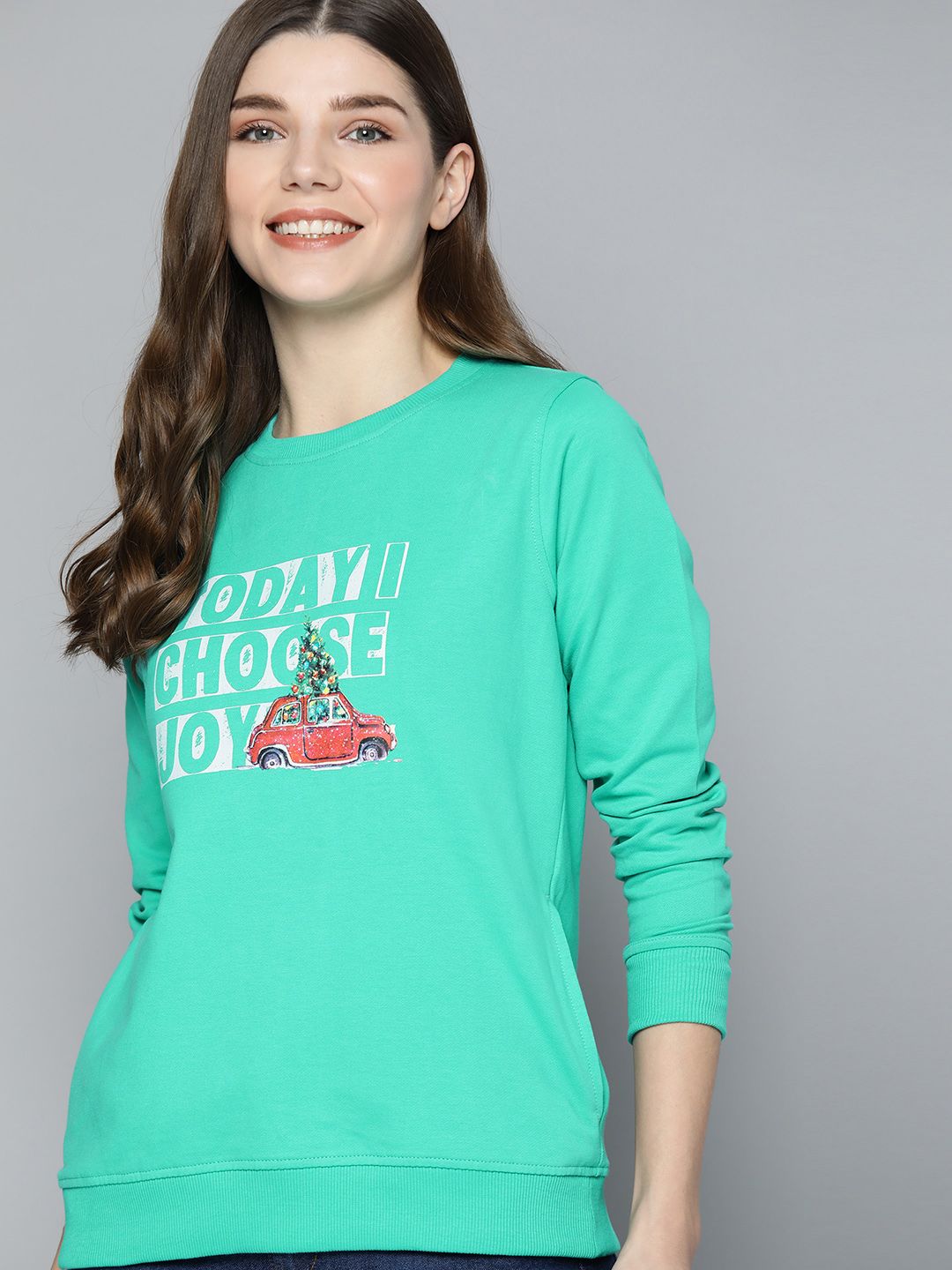 Mast & Harbour Women Green Typography Printed Sweatshirt Price in India