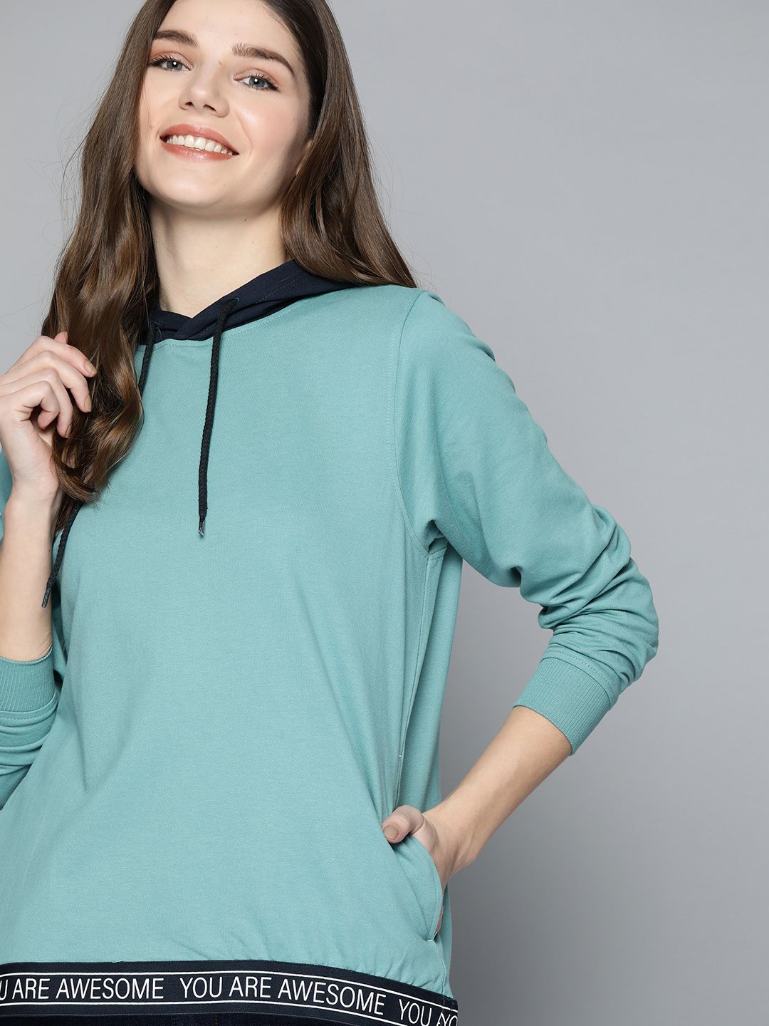 Mast & Harbour Women Sea Blue Hooded Sweatshirt Price in India