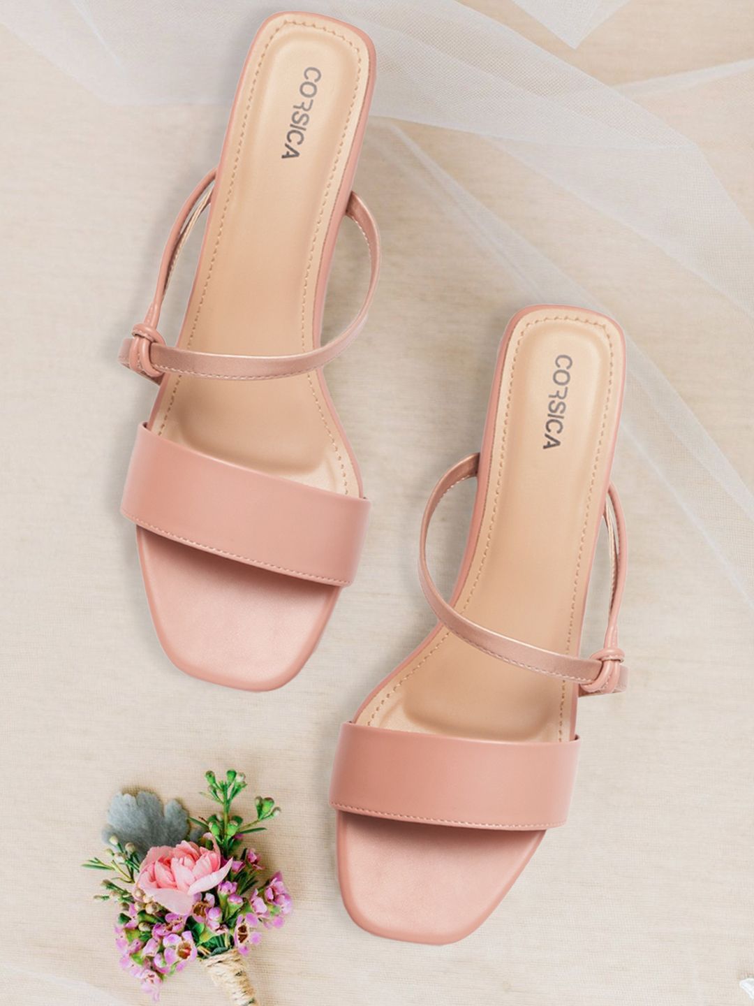 CORSICA Peach-Coloured & Rose Gold-Toned Solid Block Sandals Price in India