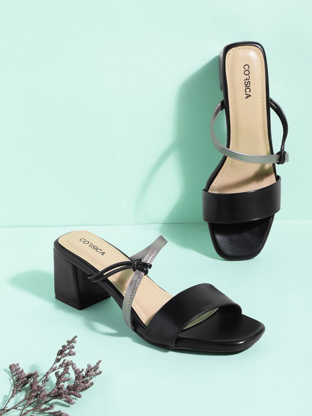 CORSICA Black & Gunmetal-Toned Colourblocked Block Heels Price in India