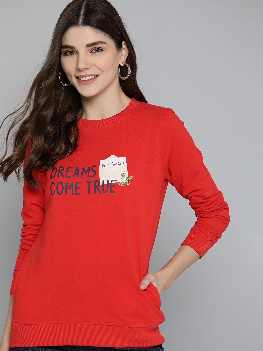 Mast & Harbour Women Red & Navy Blue Pure Cotton Printed Sweatshirt Price in India