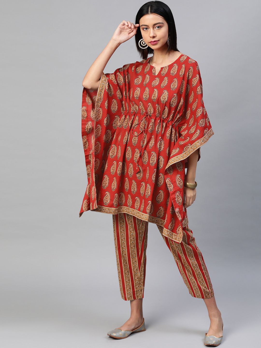 Yuris Women Red & Beige Printed Kaftan Top with Trousers Price in India